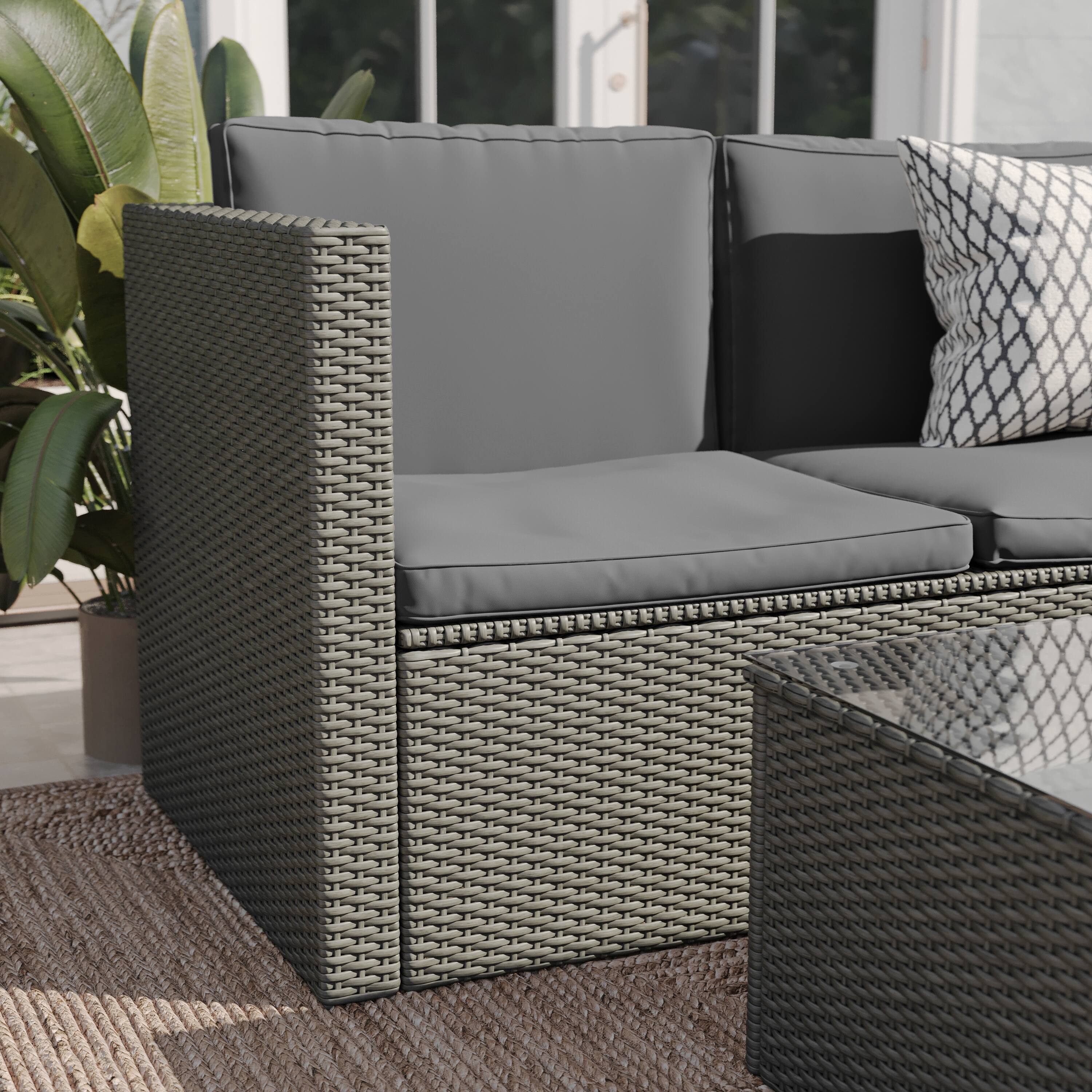 Alt View 3. Emma + Oliver - Beal All Weather Wicker PE Rattan L-Shaped Sectional Sofa with Coffee Table and Included Back and Seat Cushions - Gray Cushions/Gray Frame.