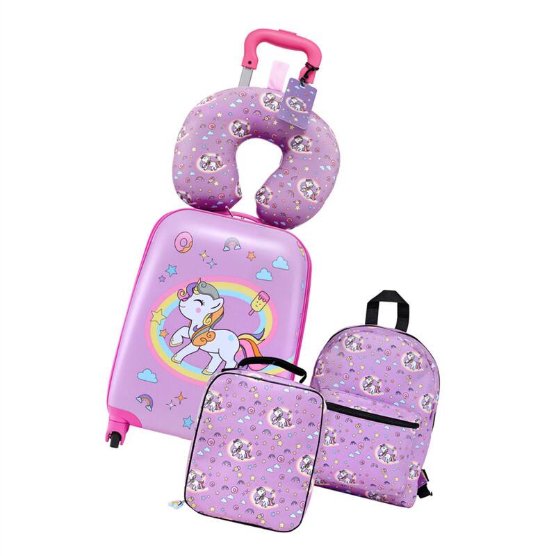 Alt View 5. HTUTWOO - Kids Luggage 5-Piece Set (18") - Hardside Rolling Suitcase with Backpack & U-Shape Pillow, Unicorn Design for Girls Boys - Pink.