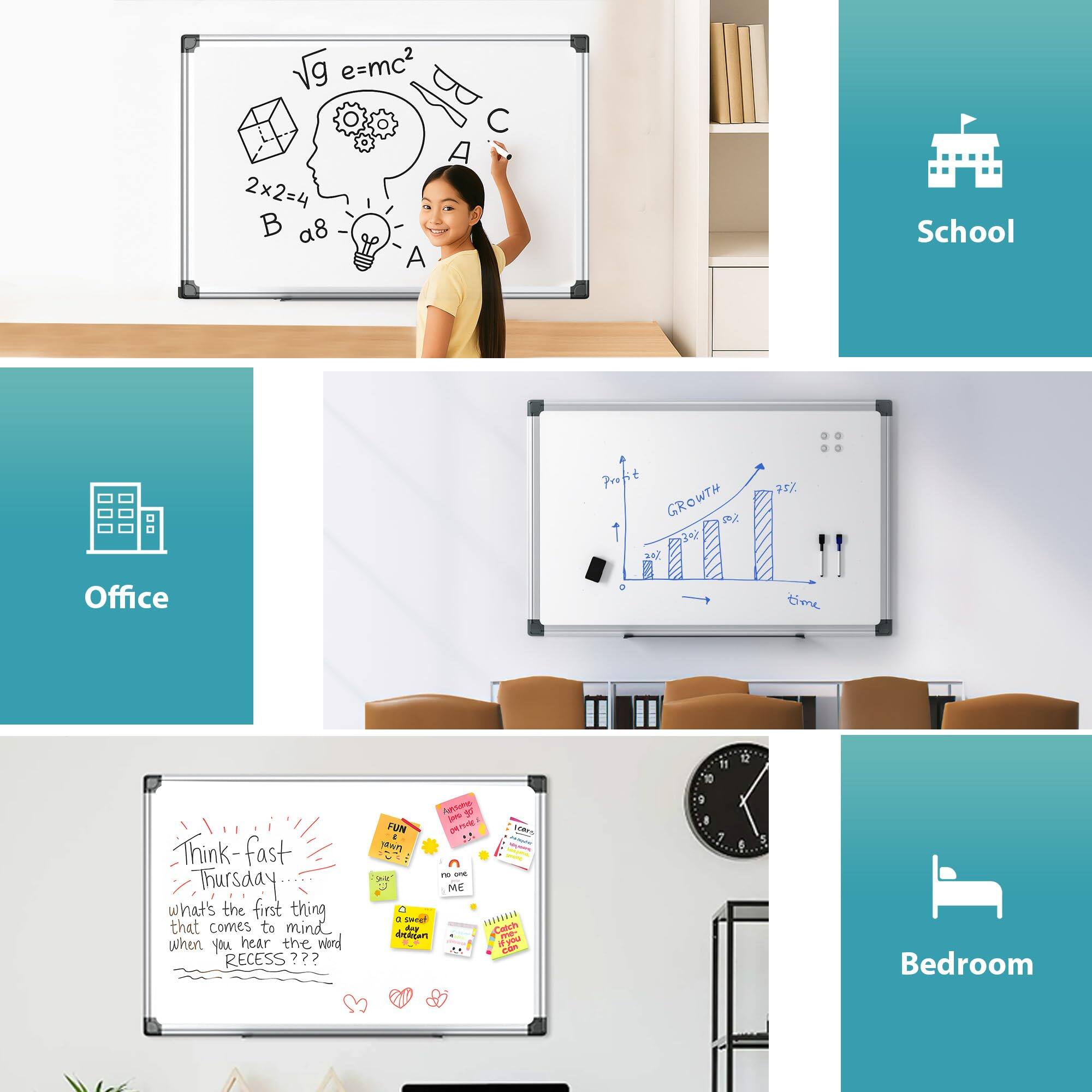 Sure, here is the corrected and grouped text from the image:

**School:**
- √9 = e=mc²
- 2x2=4
- B C A
- d8
- A

**Office:**
- Profit
- GROWTH
- 20%
- 30%
- 80%
- time

**Bedroom:**
- Think fast Thursday...
- what's the first thing that comes to mind when you hear the word RECESS???
- FUN
- ME
- I
- 4
- N
- E
- 5
- 7
- 11
- 10
- 12