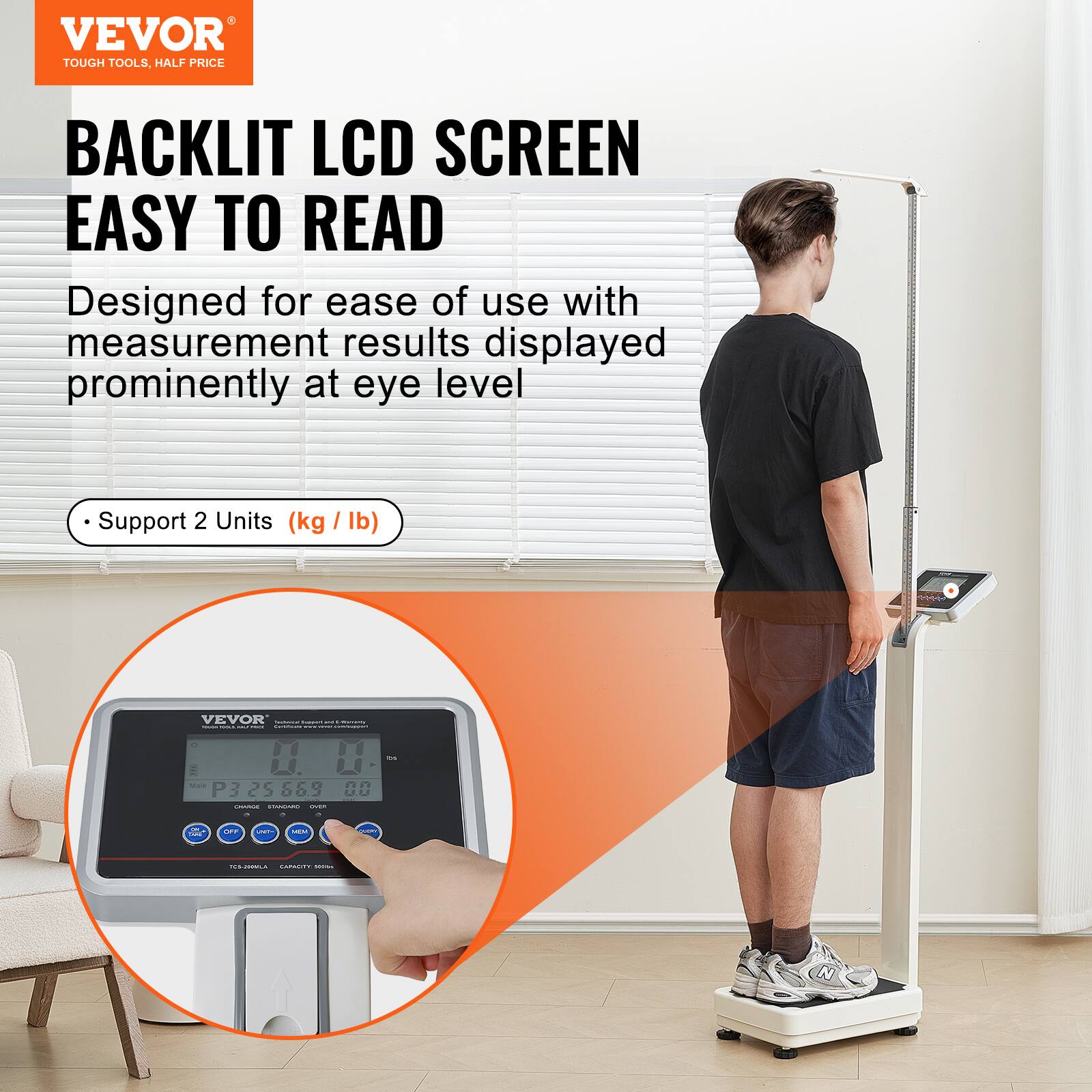 VEVOR  
TOUGH TOOLS, HALF PRICE  

BACKLIT LCD SCREEN EASY TO READ  

Designed for ease of use with measurement results displayed prominently at eye level  

- Support 2 Units (kg / lb)  

VEVOR  
P325689  
0.00  
kg / lb  
CHRONO STANDARD  
OFF  
ON  
MODE  
TDS 2000P  
CAPACITY 150 kg