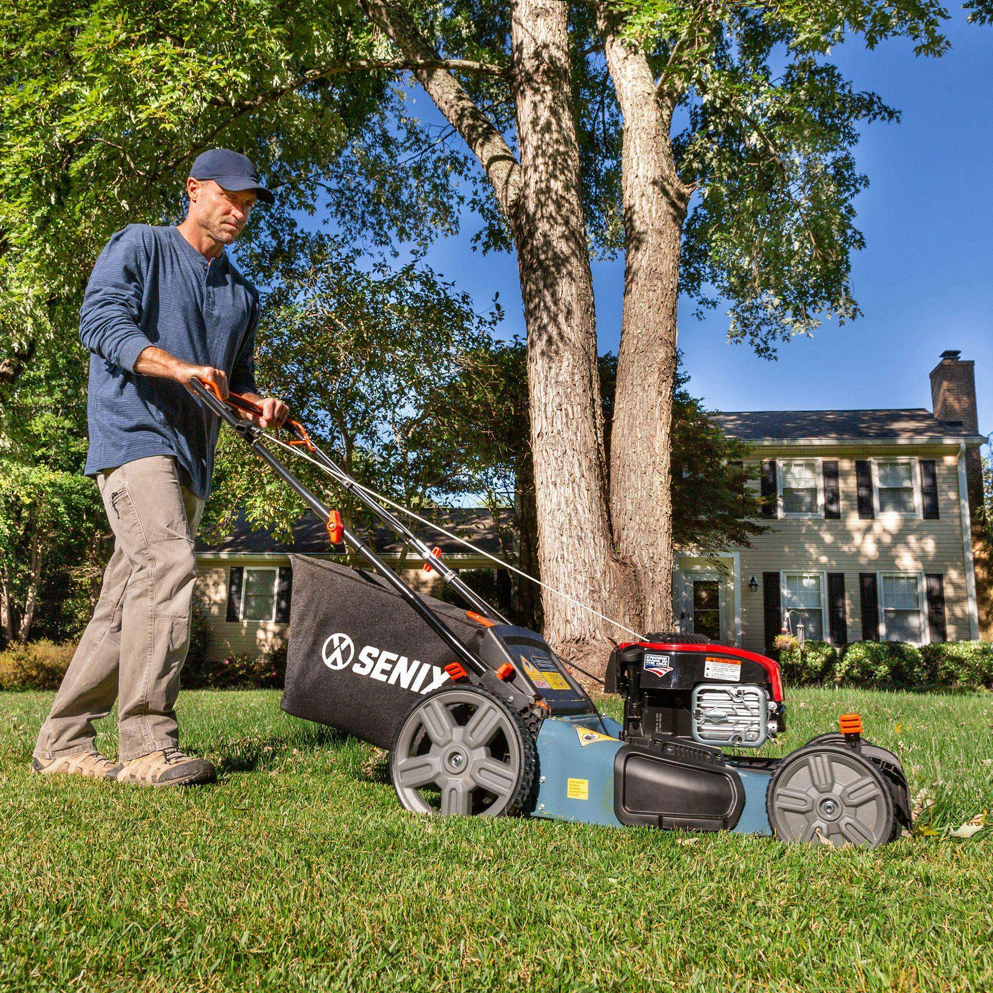 Alt View 2. SENIX - 21" 140cc 4-Cycle Briggs & Stratton Gas Self-Propelled Lawn Mower with 3-in-1 Bagging, Mulching, Side Discharge - Blue.