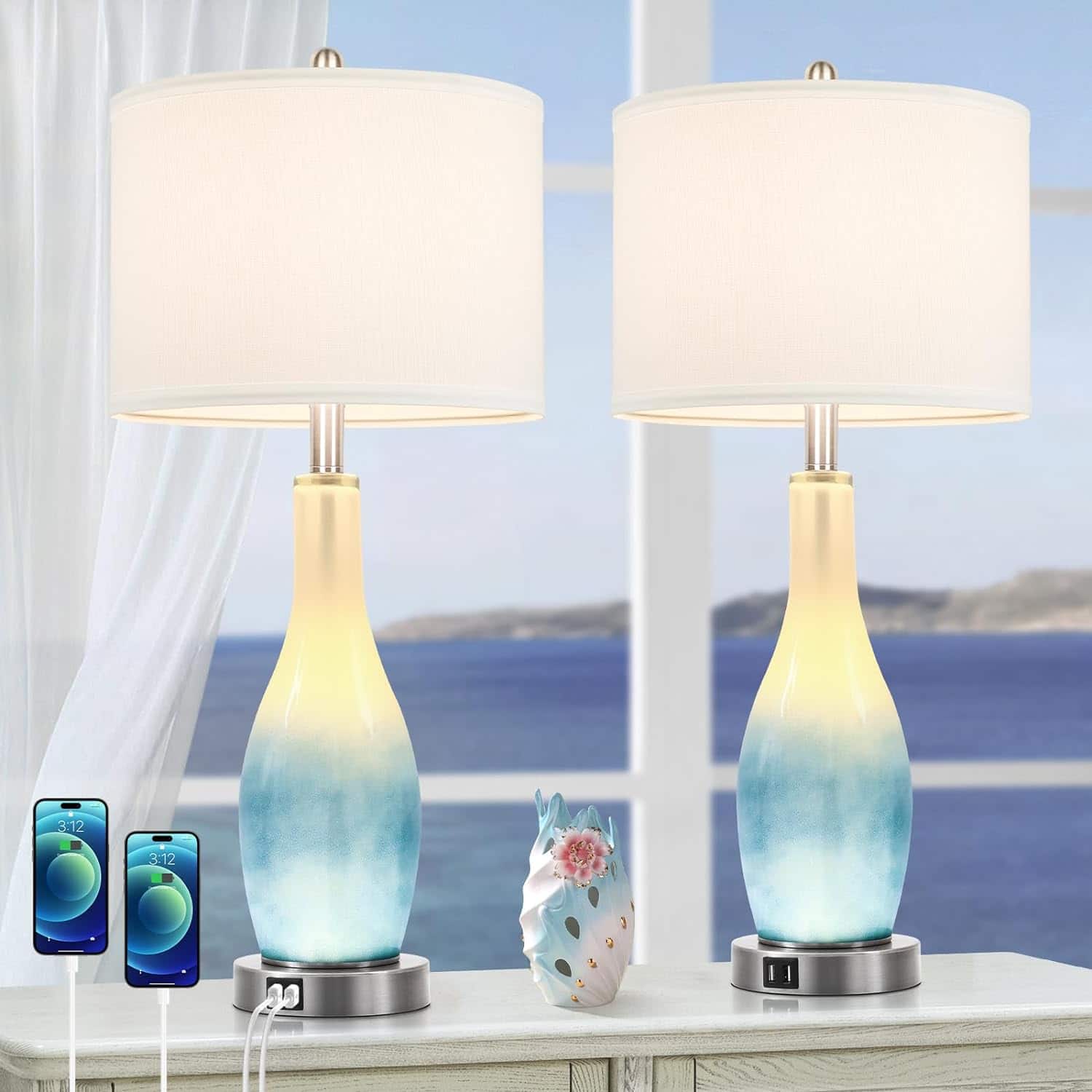 Nordic Hygge - Set of 2 26-Inch Tall Glass Table Lamps with USB Charging Ports and LED Nightlight in Blue