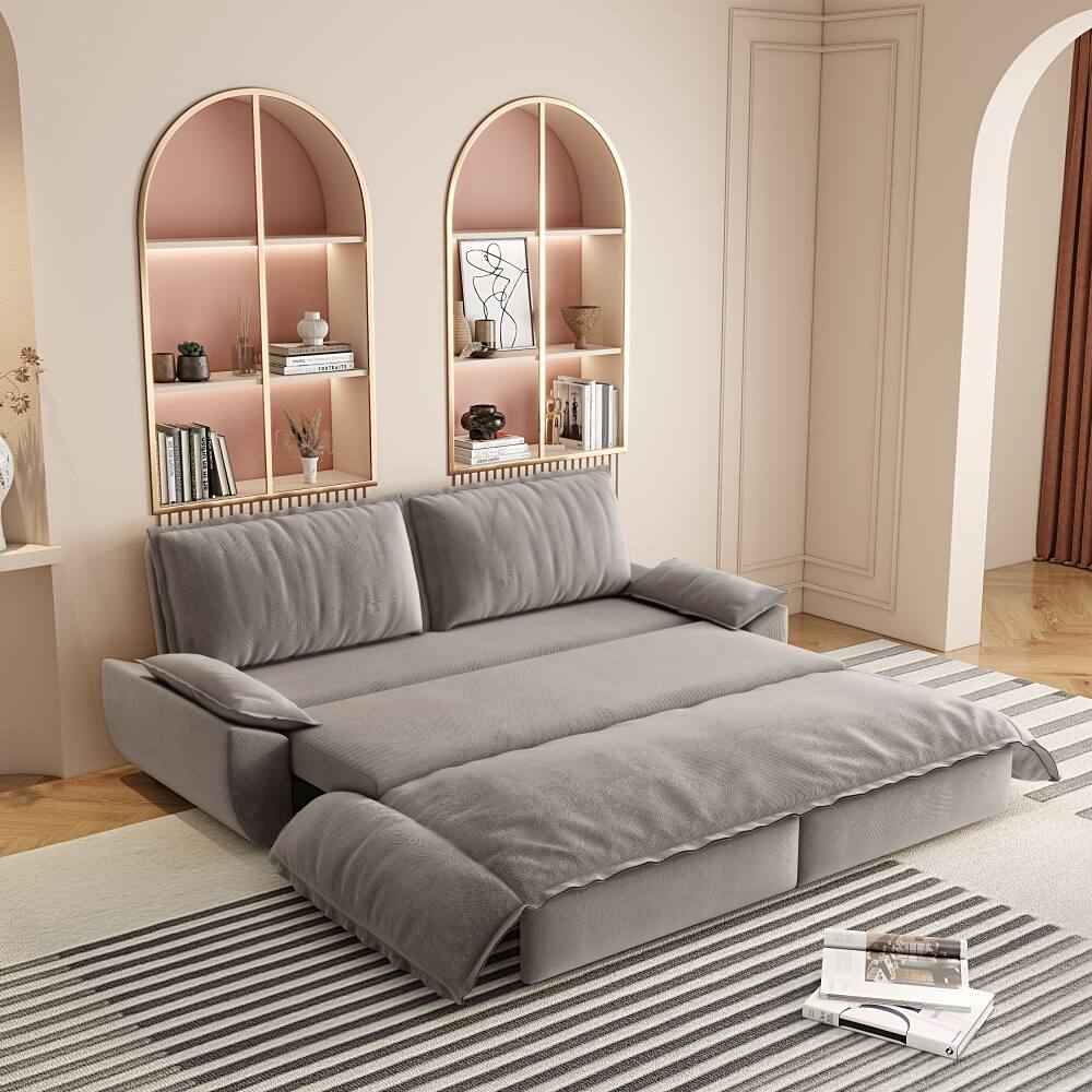 Angle. JUJABU - 73.2" Queen Pull Out Sofa Bed, 3-in-1 Convertible Sleeper Sofa, Gray Velvet Loveseat Bed - Gray.