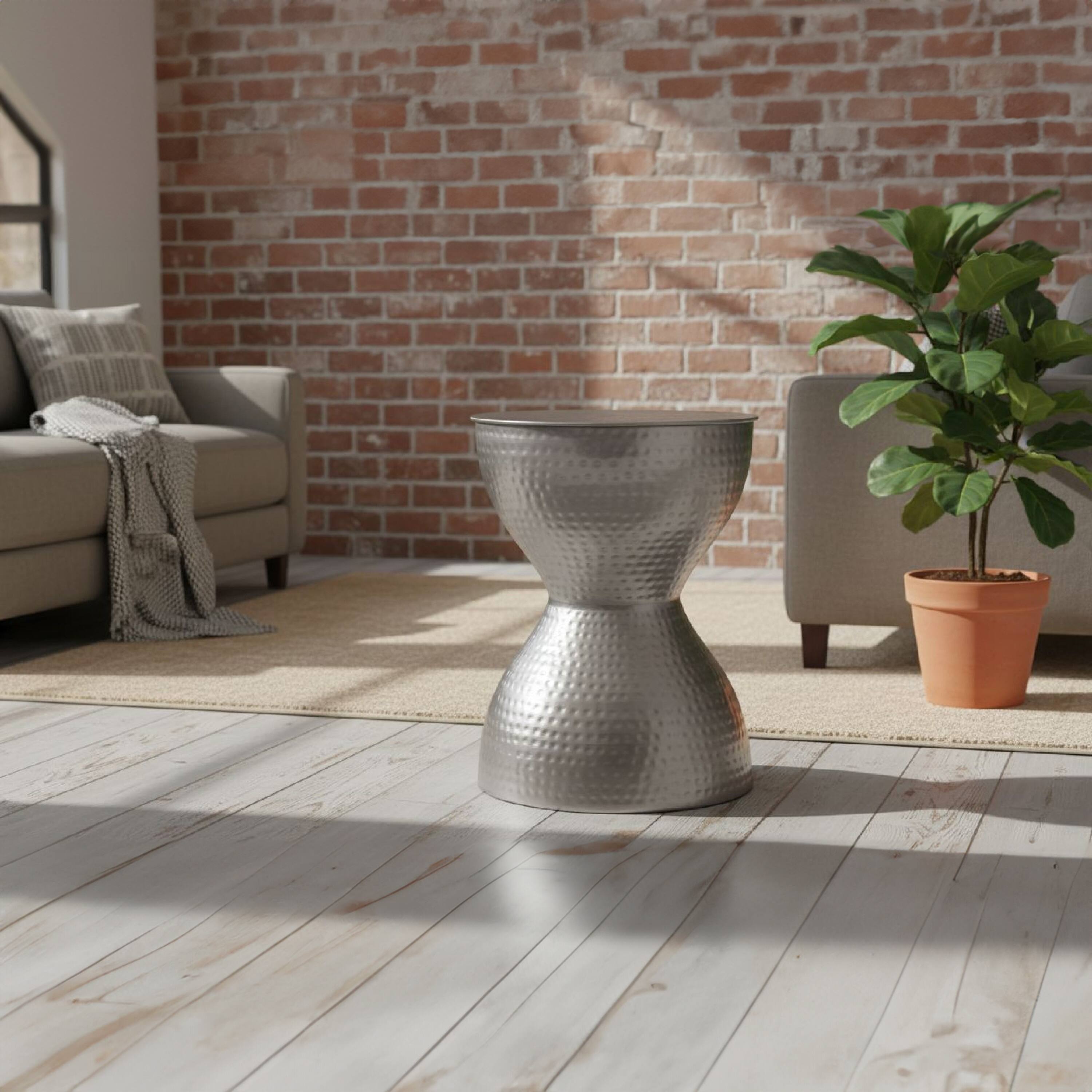 Alt View 8. Manhattan Lane - Industrial Style Hammered Texture Iron Stool with Hourglass Shaped Body - Silver.