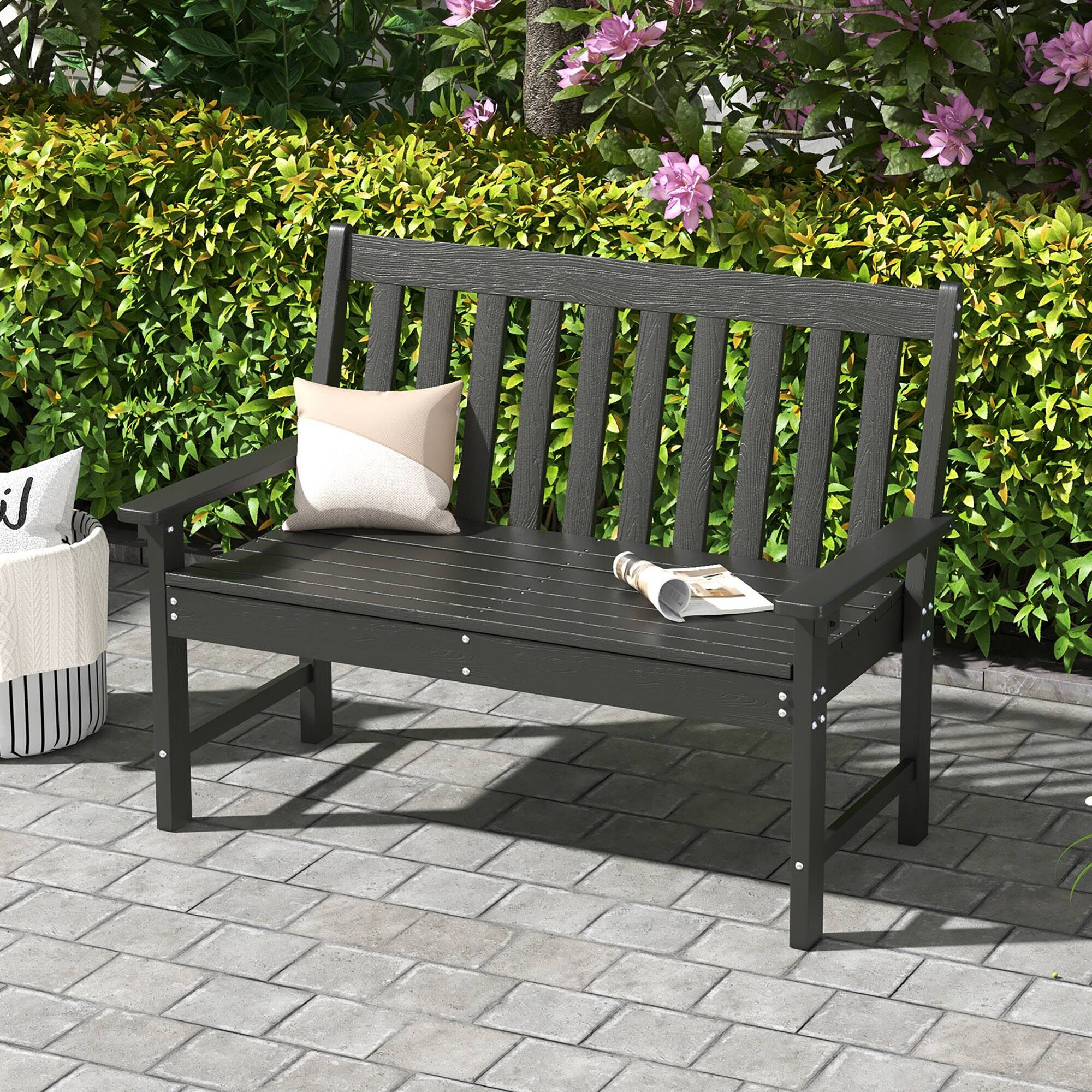 Alt View 3. Gymax - Gymax Garden Bench All-Weather HDPE 2-Person Outdoor Bench for Front Porch Backyard Black - Black.