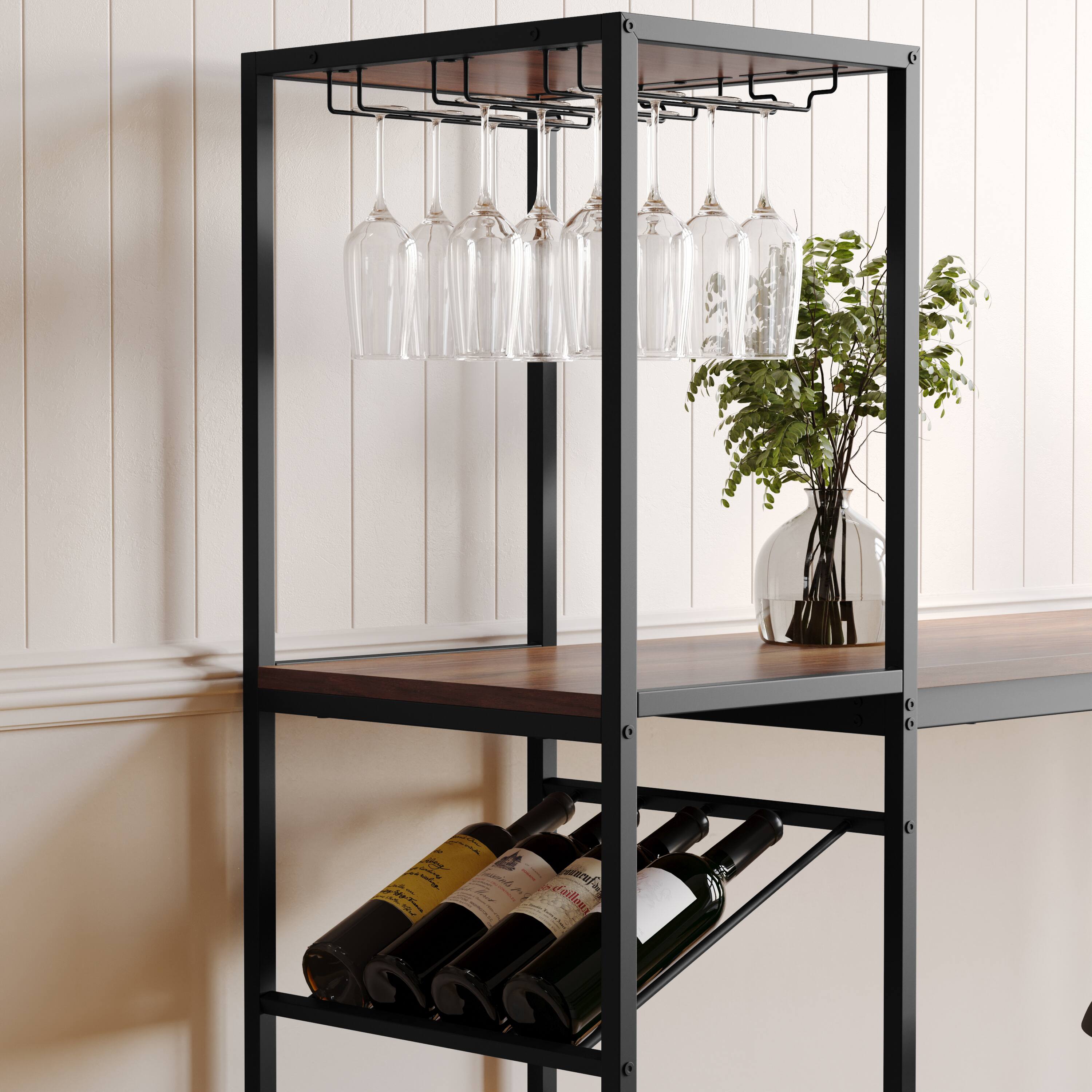 Alt View 3. Flash Furniture - Jura Metal Bar and Wine Table with 2 Slanted Shelves for Bottle Storage and Hanging Glass Storage, Black Frame with Waln - Black.