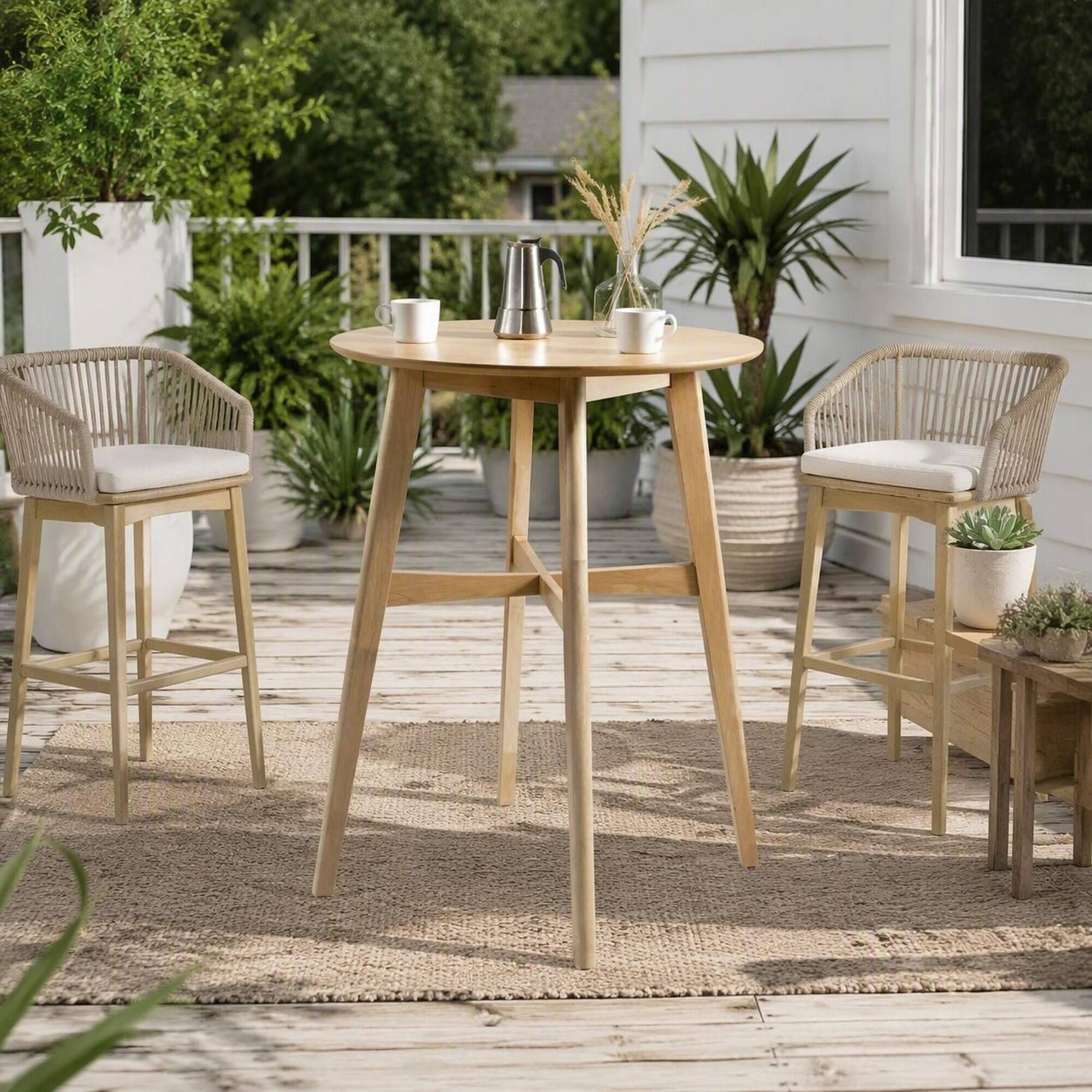 Left. RYHNUYNE - Round Wood Side Table, 4-Leg Natural Wooden End Table, Small Accent Coffee Table for Balcony - Oak.