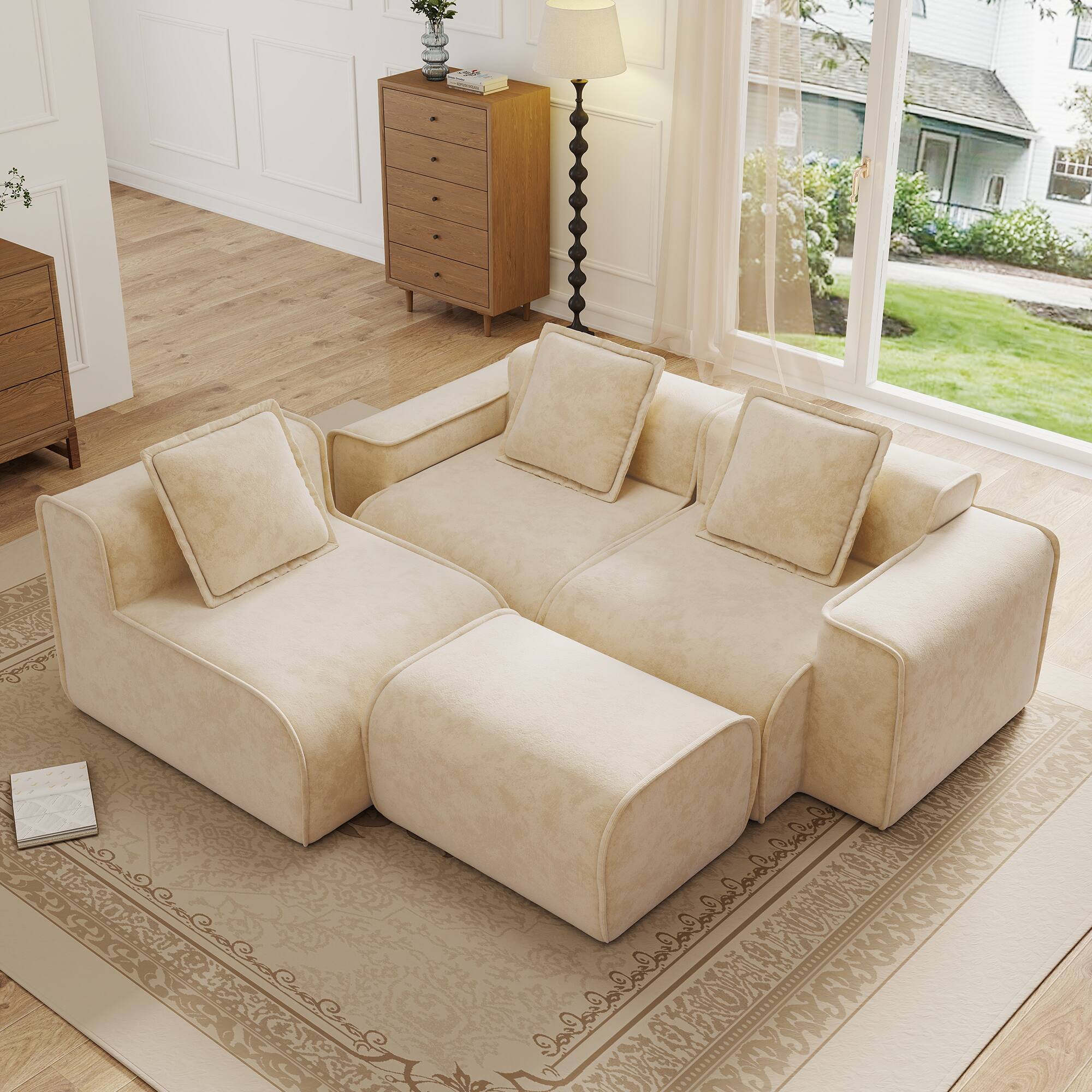 Left. Anysun - Streamlined L-Shape Velvet Sectional Sofa - 3-Seat Boneless Design, No Assembly, Includes Pillows & Ottoman - Cream.