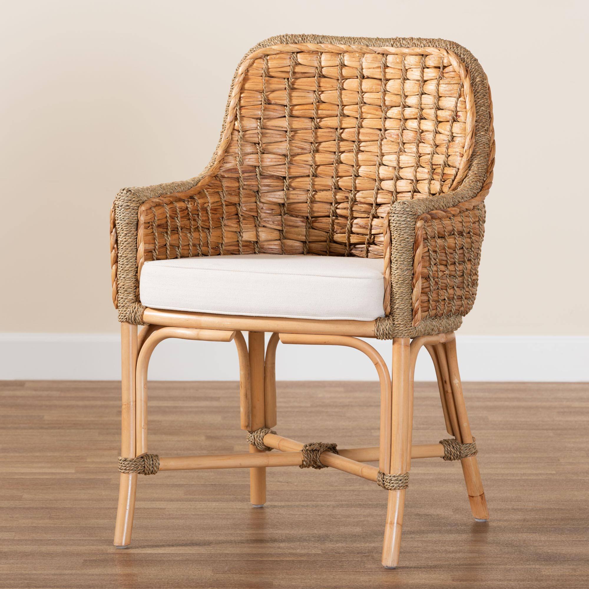 Alt View 5. bali & pari - Kyle Modern Bohemian Woven Rattan Dining Arm Chair with Cushion - White/Natural Brown.