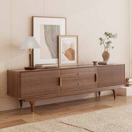 POVISON - 78.74" Fully-Assembled Mid-Century Fluted TV Stand, Entertainment Center with Double Cabinet Door, Vertical Stripes - Dark Wood