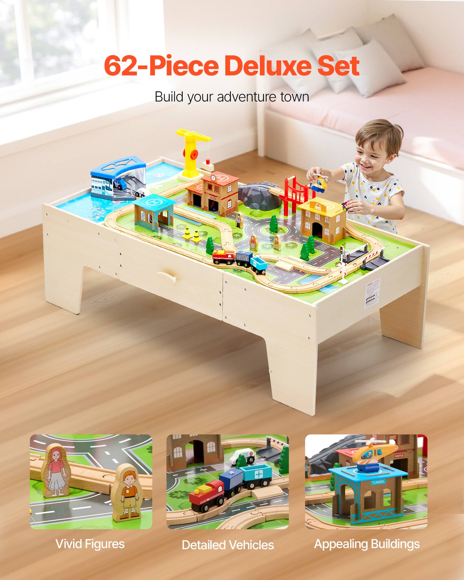 62-Piece Deluxe Set  
Build your adventure town  

Vivid Figures  
Detailed Vehicles  
Appealing Buildings