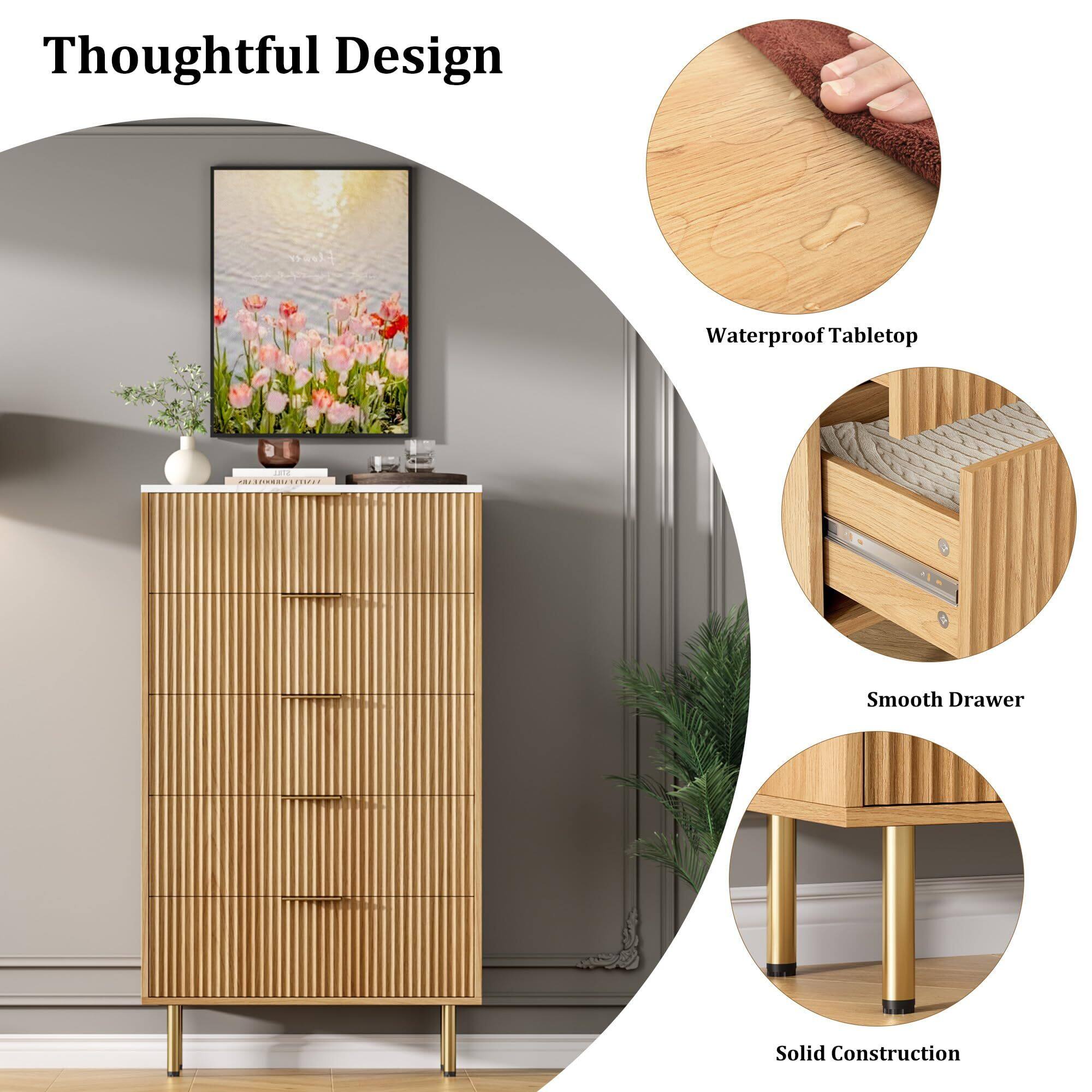 Alt View 4. Acekool - 5 Drawers Dresser for Bedroom, Fluted Dresser Chest of Drawers with Handle, Wood Modern Dressers for Closet - Yellow.