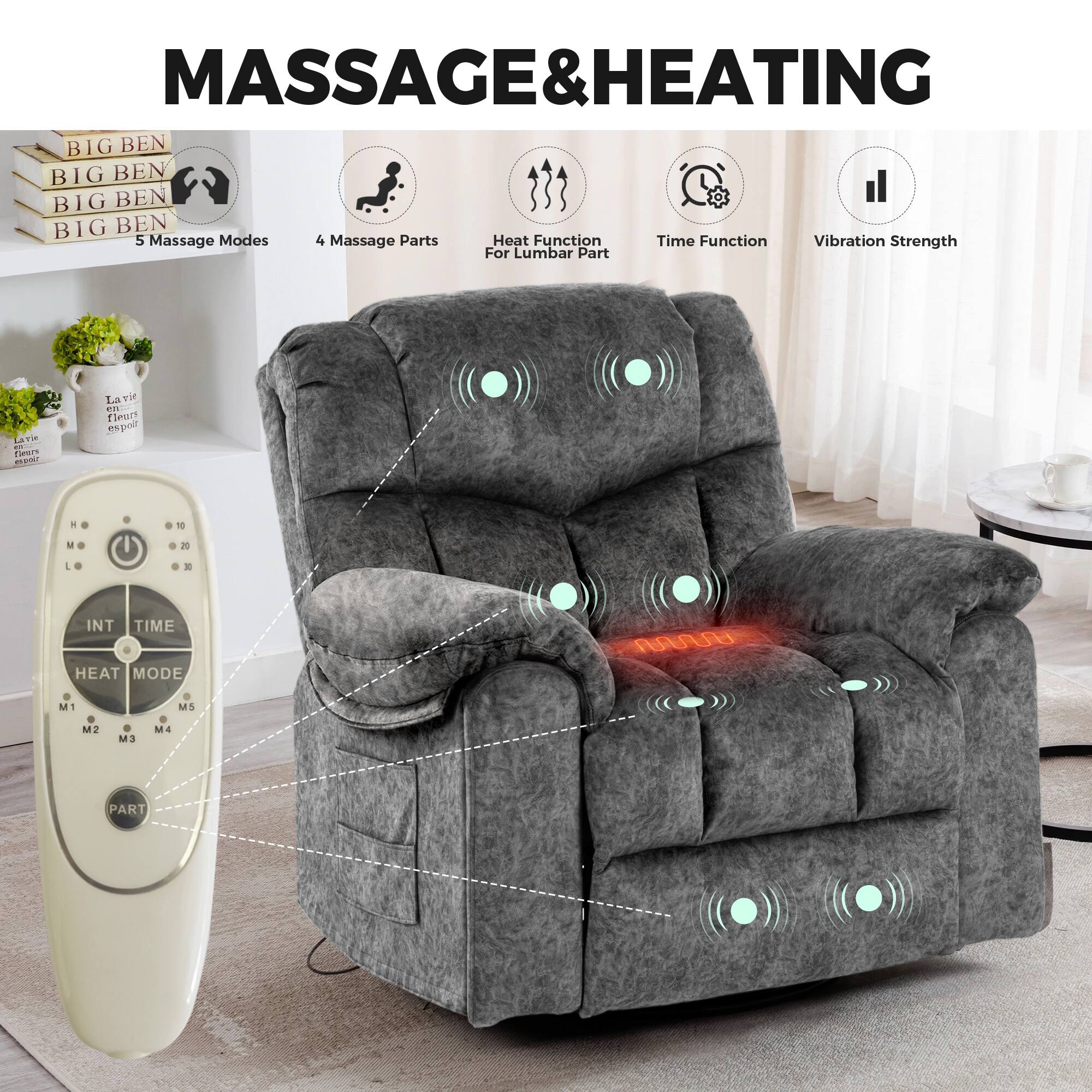MASSAGE & HEATING

BIG BEN  
BIG BEN  
BIG BEN  
BIG BEN  
BIG BEN

5 Massage Modes  
4 Massage Parts  
Heat Function For Lumbar Part  
Time Function  
Vibration Strength

INT TIME  
HEAT MODE  
M1  
M2  
M3  
M4  
M5  
PART