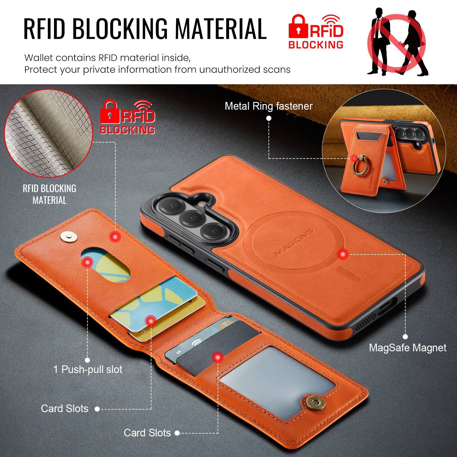 RFID BLOCKING MATERIAL

Wallet contains RFID material inside, Protect your private information from unauthorized scans

RFID BLOCKING MATERIAL

RFiD BLOCKING Wallet contains RFID material inside, Protect your private information from unauthorized scans

RFiD BLOCKING Metal Ring fastener

RFID BLOCKING MATERIAL

Mp: MAGKING PL S = p SSE

MagSafe Magnet

1 Push-pull slot

Card Slots

Card Slots
