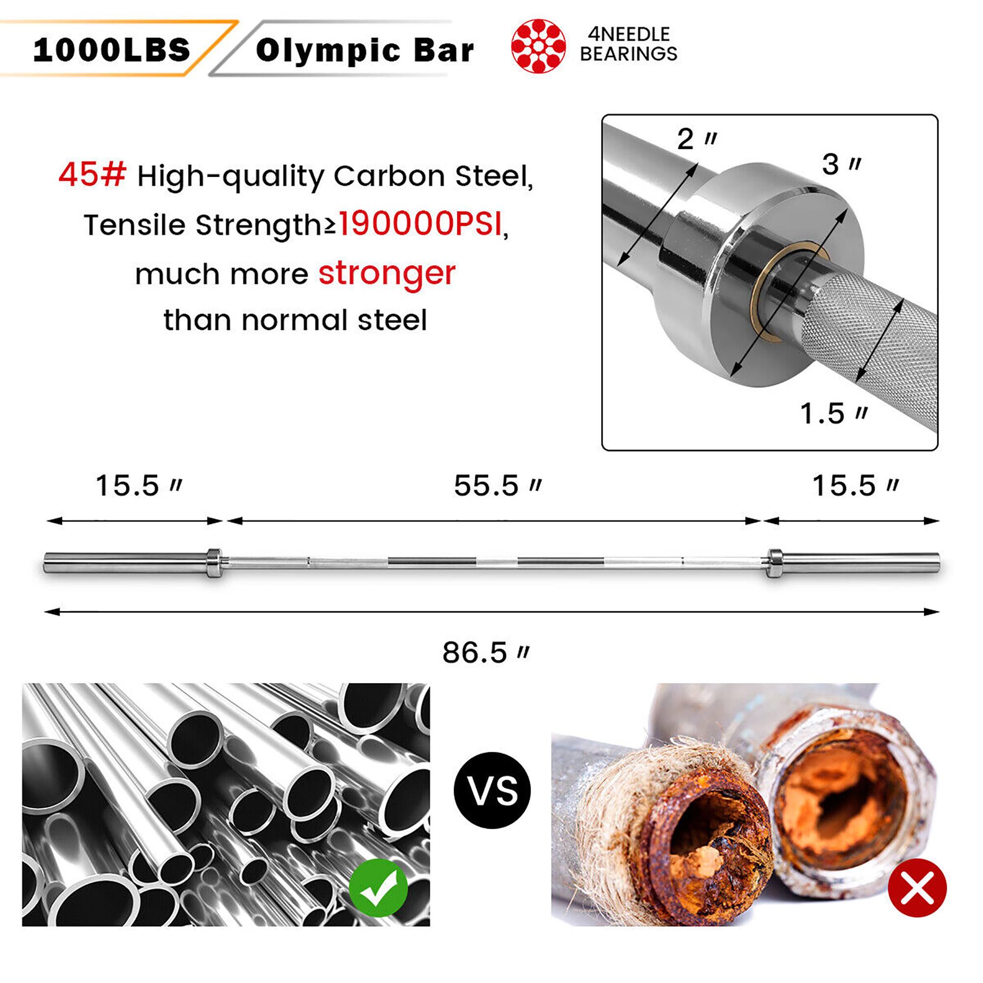 1000LBS Olympic Bar 4NEEDLE BEARINGS 45# High-quality Carbon Steel, Tensile Strength> 190000PSI, much more stronger than normal steel 2" " 3 " 1.5" " 15.5 " 55.5 " 15.5 " 86.5 " Vs X