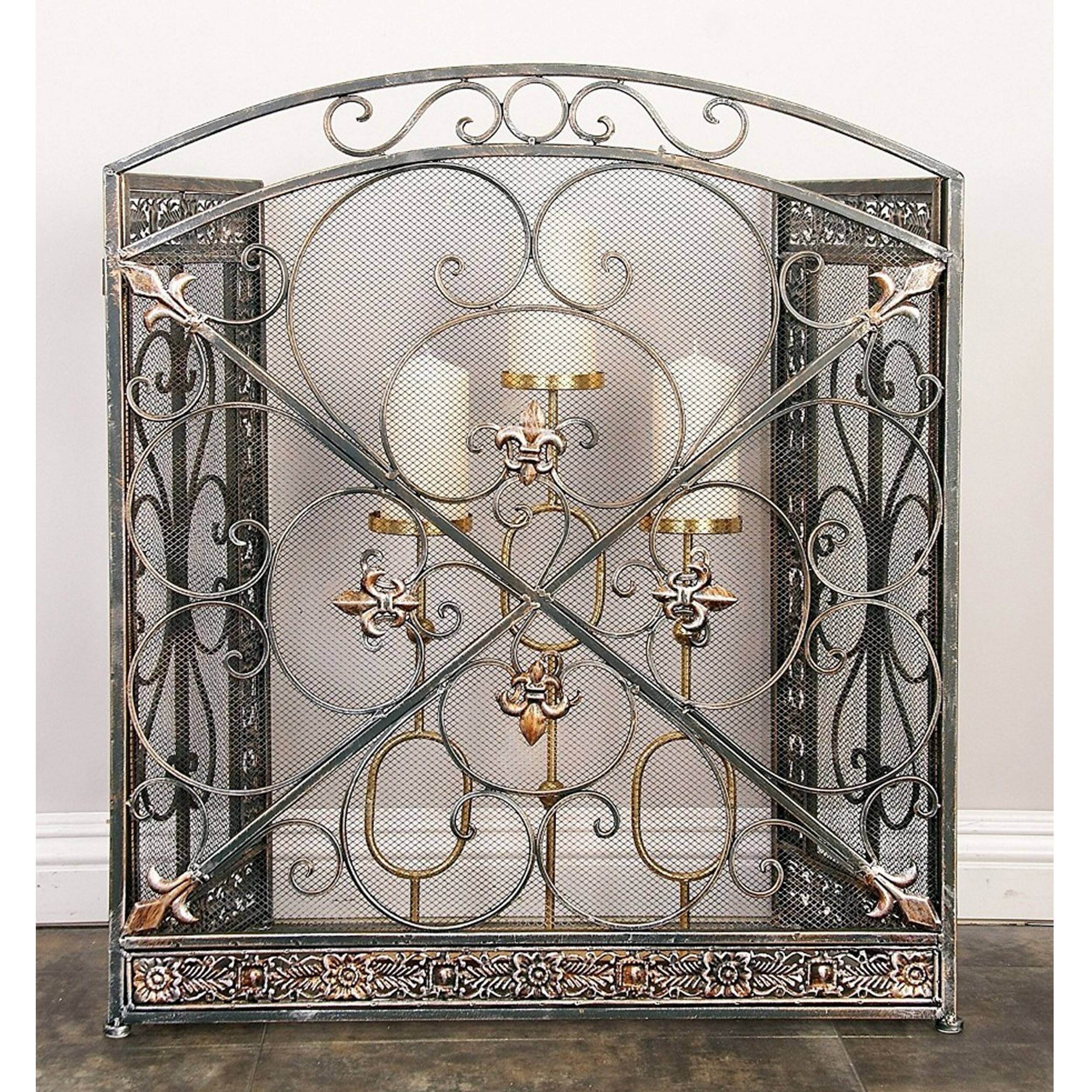Alt View 5. Manhattan Lane - Traditional 3 Panel Metal Fire Screen With Filigree Design - Bronze, Black.