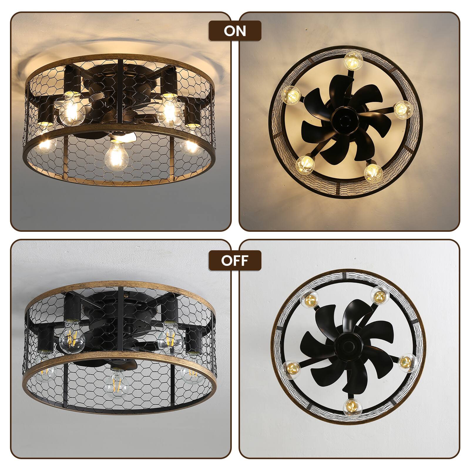 Alt View 2. Sofucor - 20'' Farmhouse Flush Mount Caged Ceiling Fan with Light and Remote Industrial Bladeless Ceiling Fans for Kitchen Bedroom - Black.