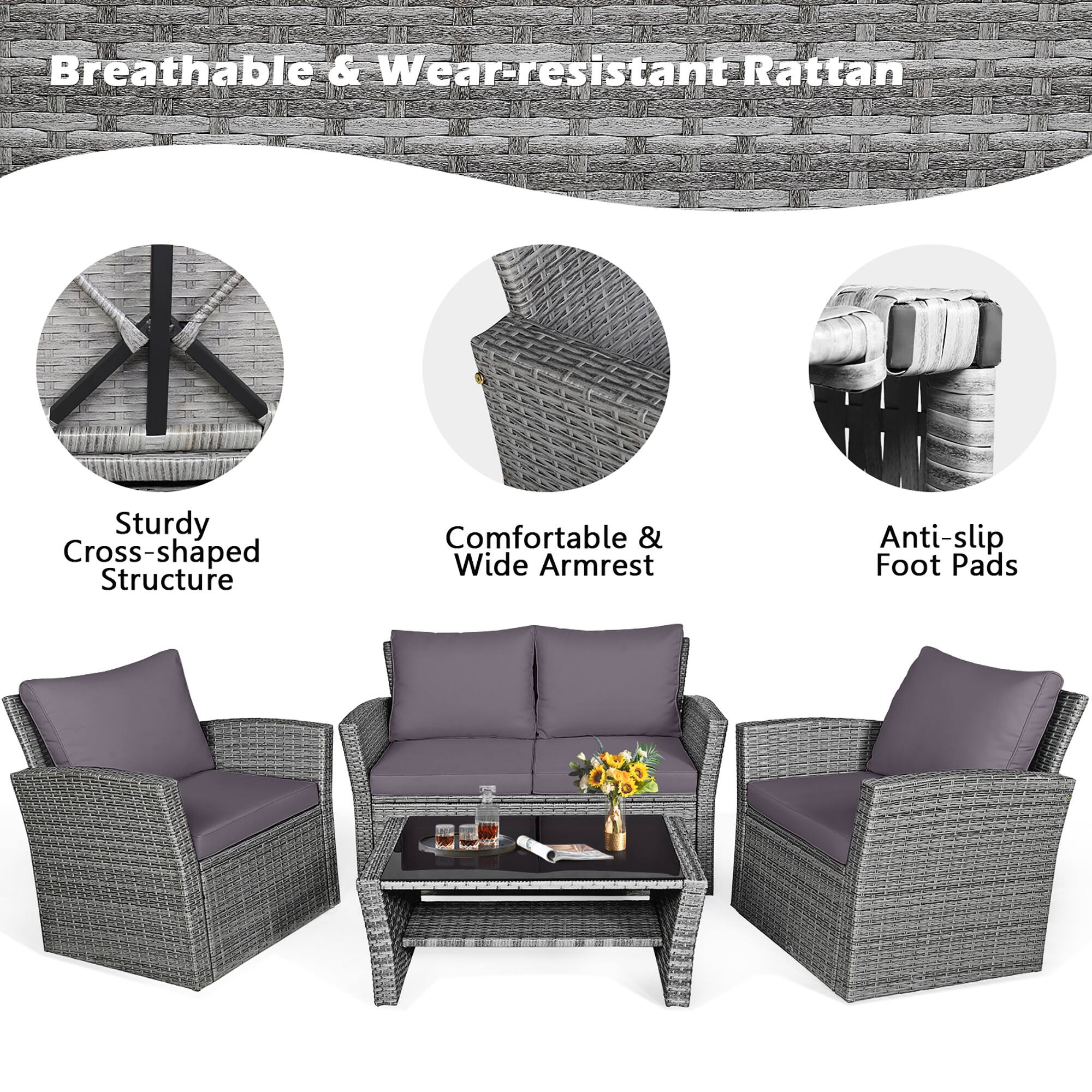 Breathable & Wear-resistant Rattan

- Sturdy Cross-shaped Structure
- Comfortable & Wide Armrest
- Anti-slip Foot Pads
