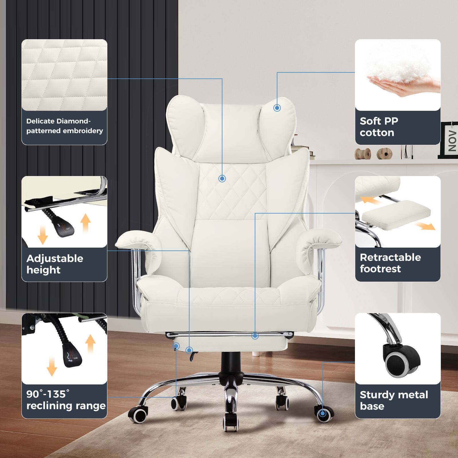 - Delicate Diamond-patterned embroidery
- Soft PP cotton
- Adjustable height
- Retractable footrest
- 90°-135° reclining range
- Sturdy metal base