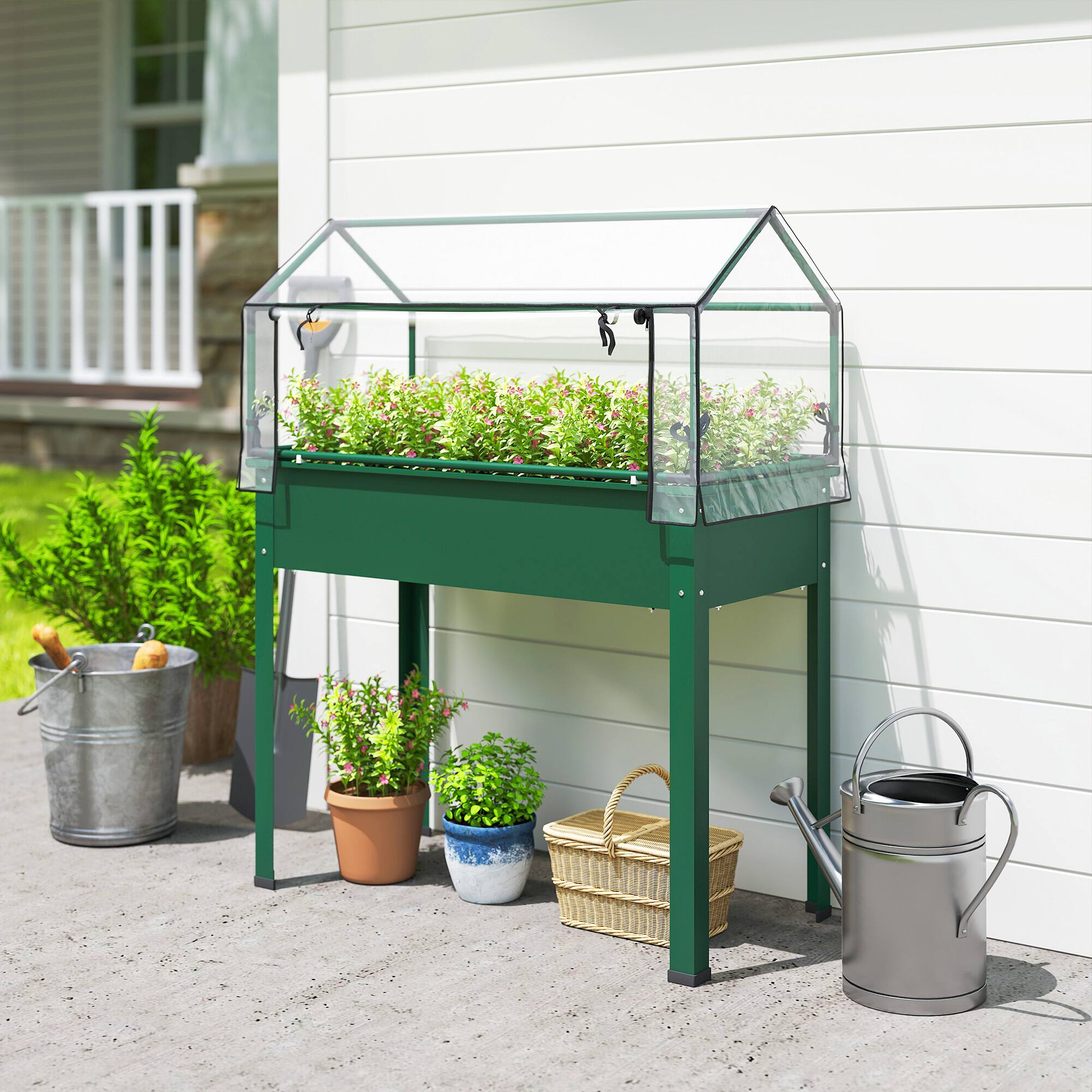 Alt View 1. Outsunny - Raised Garden Bed with Greenhouse Cover, Elevated Planter Box with Legs and Drainage Hole, 39.4" x 18.9" x 48.8".