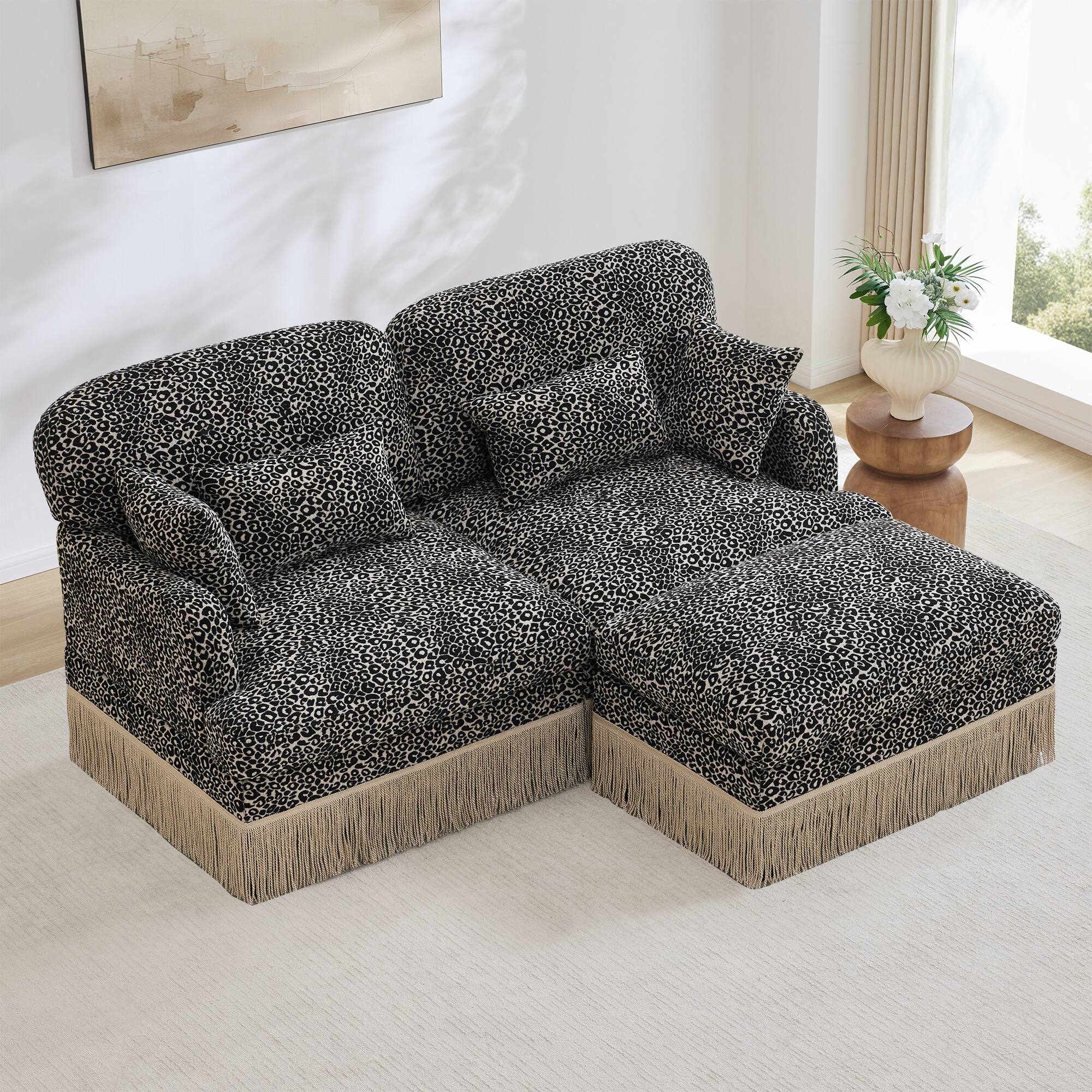 Left. Anysun - Delicate Fashion Style Chenille Leopard Printing L-Shape Sofa with Movable Ottoman, Easy Assembly - khaki.