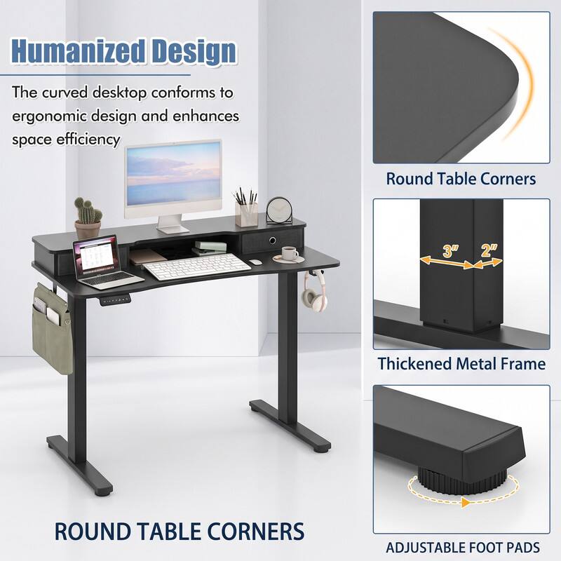 Humanized Design  
The curved desktop conforms to ergonomic design and enhances space efficiency  

Round Table Corners  
3" 2" Thickened Metal Frame  

ROUND TABLE CORNERS  
ADJUSTABLE FOOT PADS