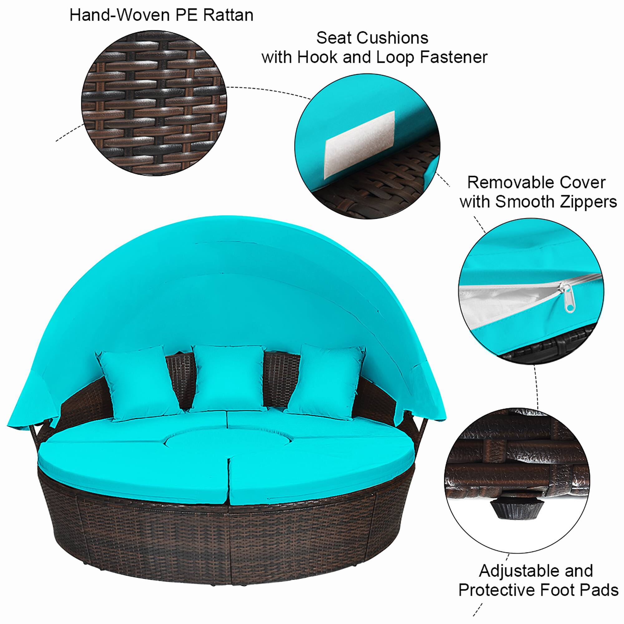 Hand-woven PE rattan seat cushions with hook and loop fastener, removable cover with smooth zippers, adjustable and protective foot pads.