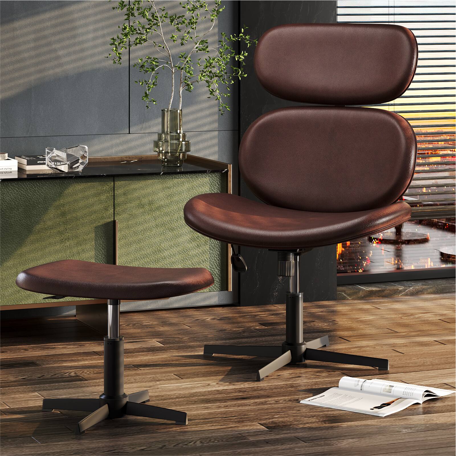 Alt View 11. Bestier - Modern Armless Ergonomic Rocking Lounge Chair 360° Swivel Accent Chair with Ottoman PU Gaming Chair - Brown.