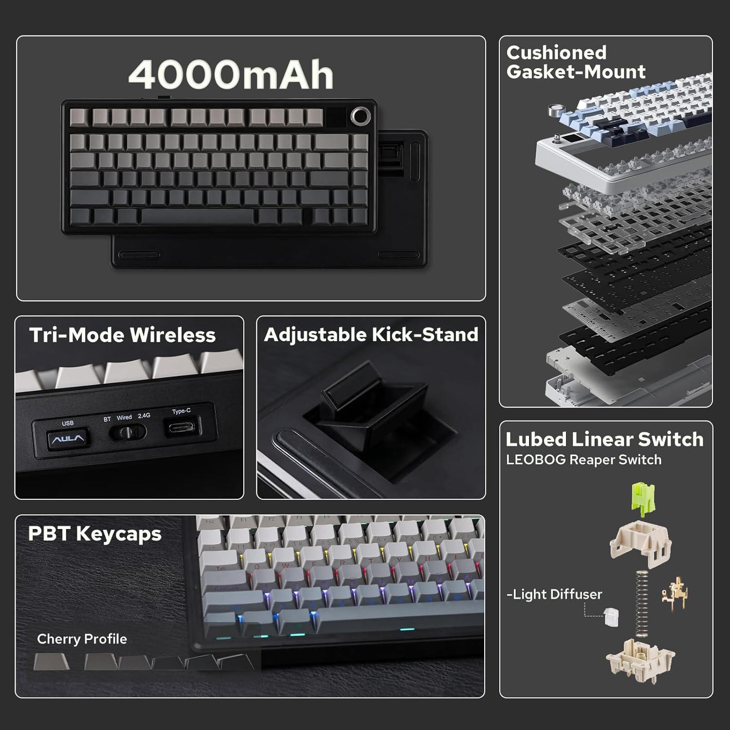 4000mAh Cushioned Gasket-Mount Tri-Mode Wireless Adjustable Kick-Stand USB AULA Wired 2.40 BT Type-C Lubed Linear Switch LEOBOG Reaper Switch PBT Keycaps. + 1 W 1 - Light Diffuser Cherry Profile