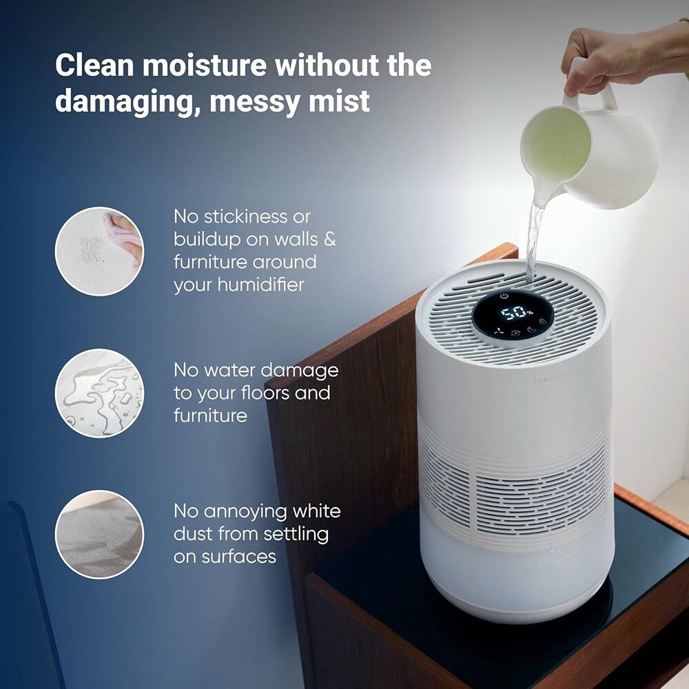 Clean moisture without the damaging, messy mist

- No stickiness or buildup on walls & furniture around your humidifier
- No water damage to your floors and furniture
- No annoying white dust from settling on surfaces