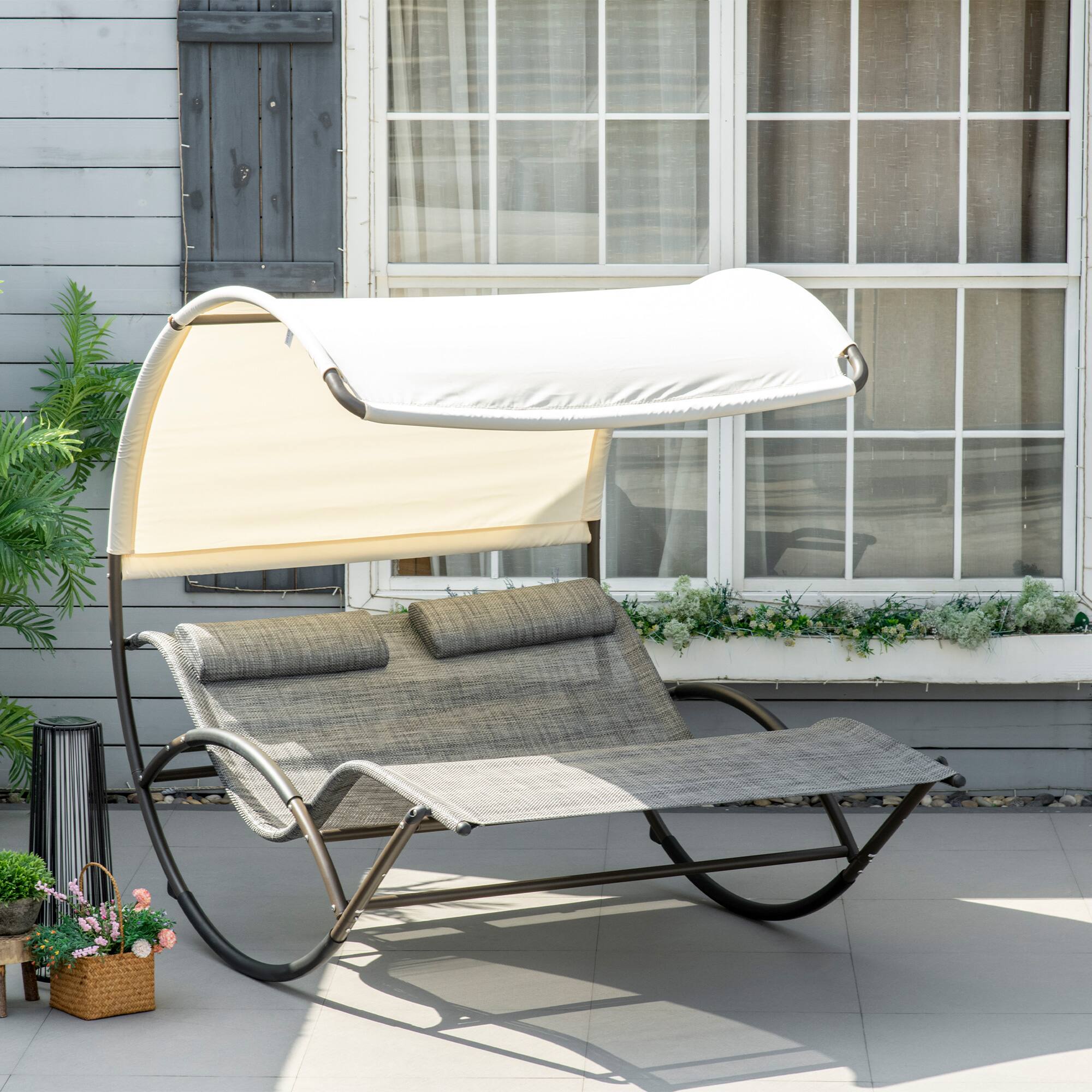 Alt View 1. Outsunny - Outdoor Double Chaise Rocking Chair, Day Bed Sun Lounger with Canopy Shade, Headrest Pillow, Armrests - Light Gray.