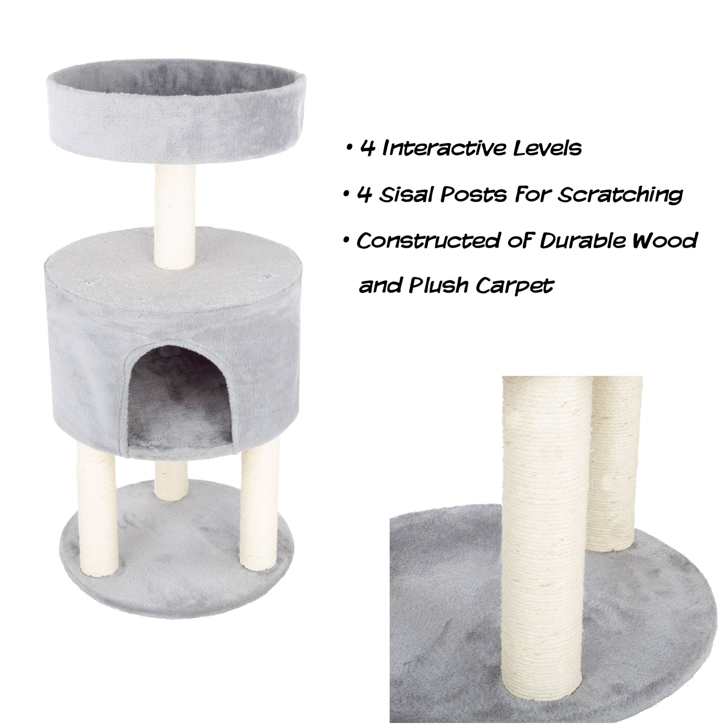 4 Interactive Levels  
4 Sisal Posts For Scratching  
Constructed of Durable Wood and Plush Carpet