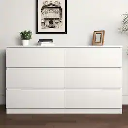 Kadyn - Modern Mid Century 6 Drawer Wide Dressers Chests for Bedroom, Chest of Drawer Organizer - White