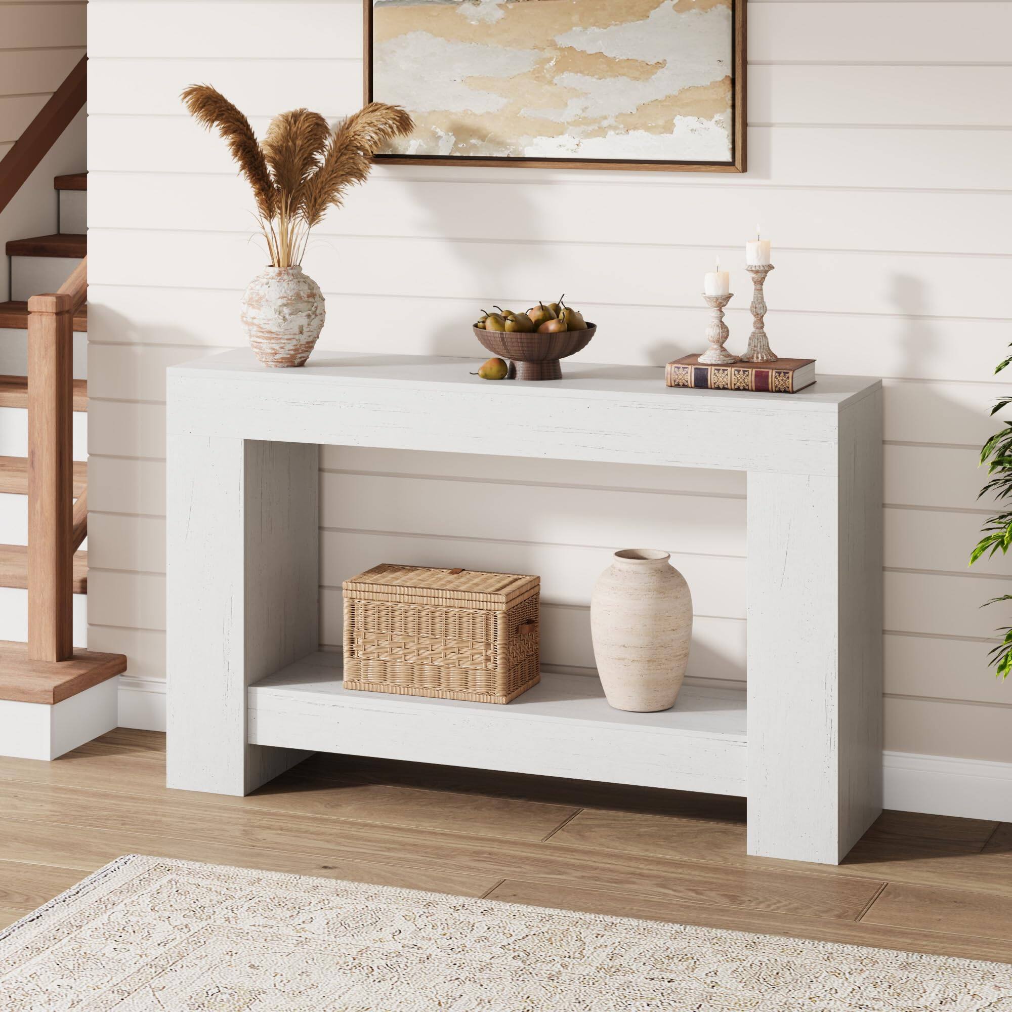 Front. Babevy - 47" Farmhouse Console Table for Entryway, 2-Tier Sofa Table with Storage for Living Room & Hallway - White.