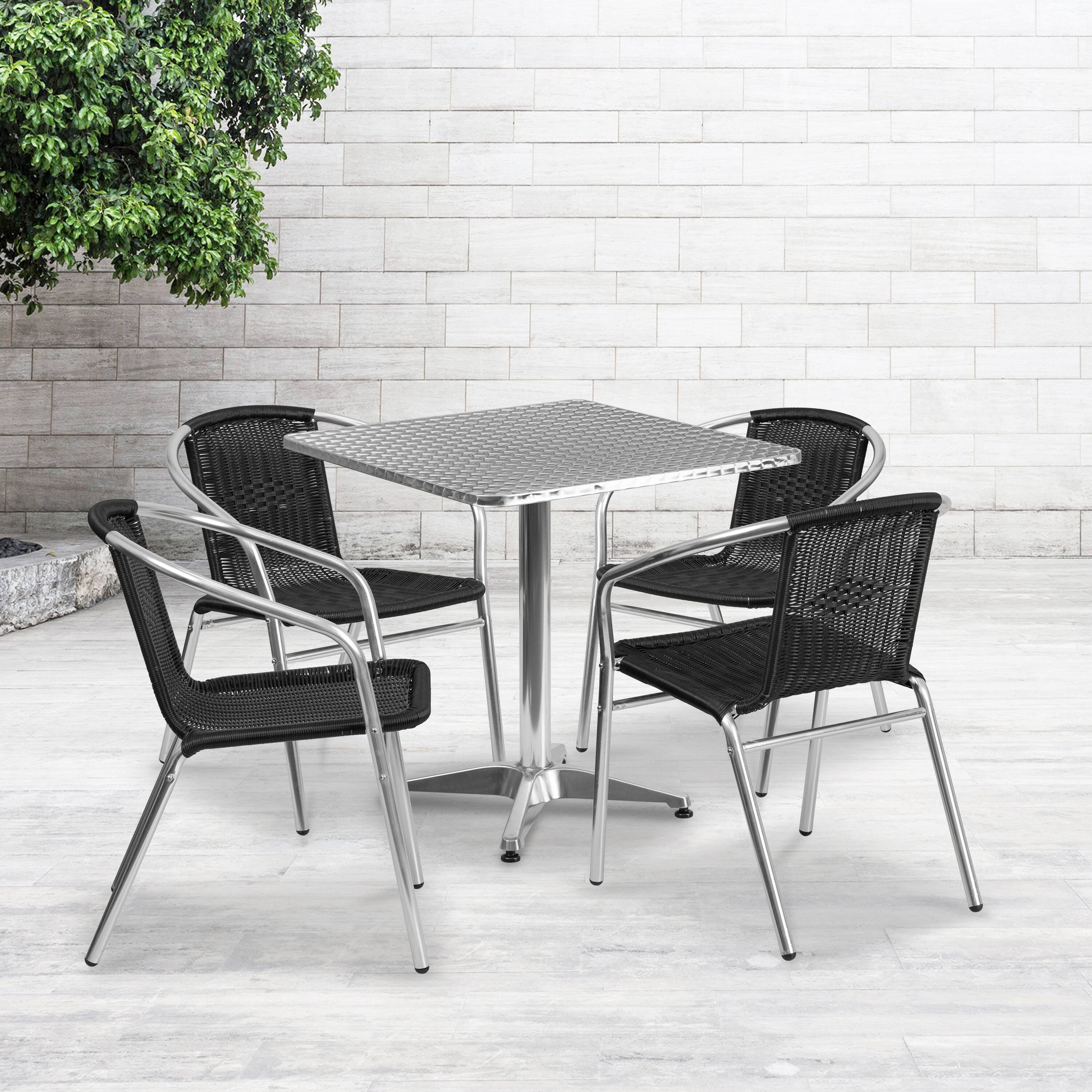 Alt View 1. Emma + Oliver - 27.5" Square Aluminum Garden Patio Table Set with 4 Rattan Chairs - Black.