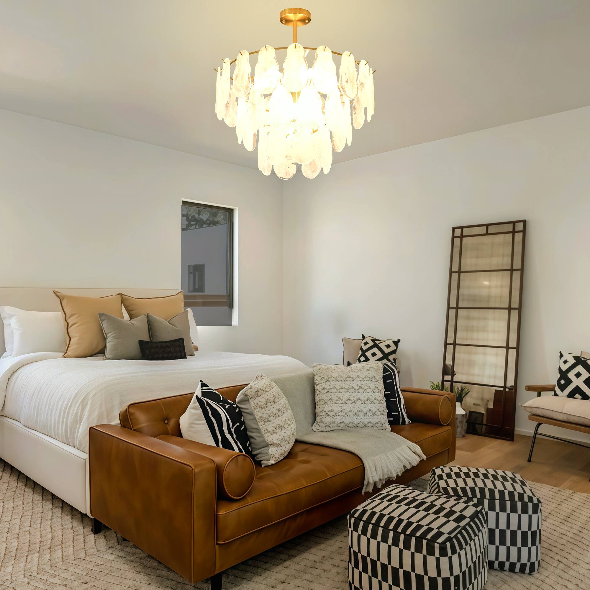 Left. RYHNUYNE - 23.62" Modern Gold Chandelier 3-Tier Cloud Glass Pendant Ceiling Light with 9 Lights for Living Room Bedroom Dining Room.