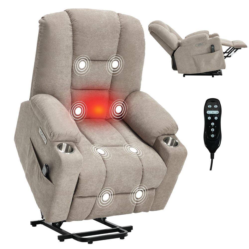 Left. Kadyn - Power Lift Recliner Chair, Massage & Heat, Dual USB Ports, Cup Holders, 155° Recline, khaki - Brown.