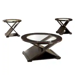 Manhattan Lane - 3 Piece Round Glass Coffee Table and End Table with X Shaped Base - Brown