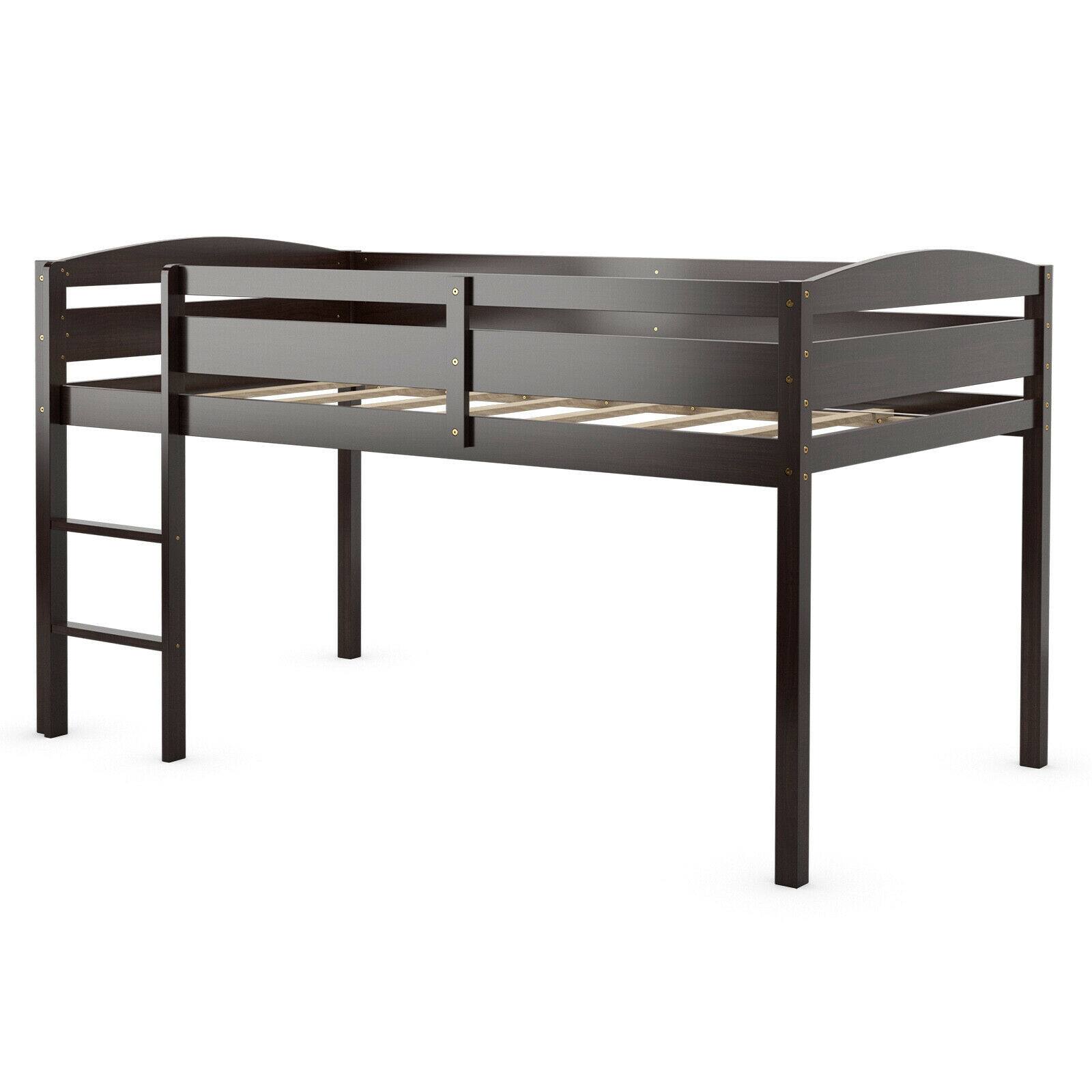 Front. Sugift - Wooden Twin Low Loft Bunk Bed with Guard Rail and Ladder - Brown.