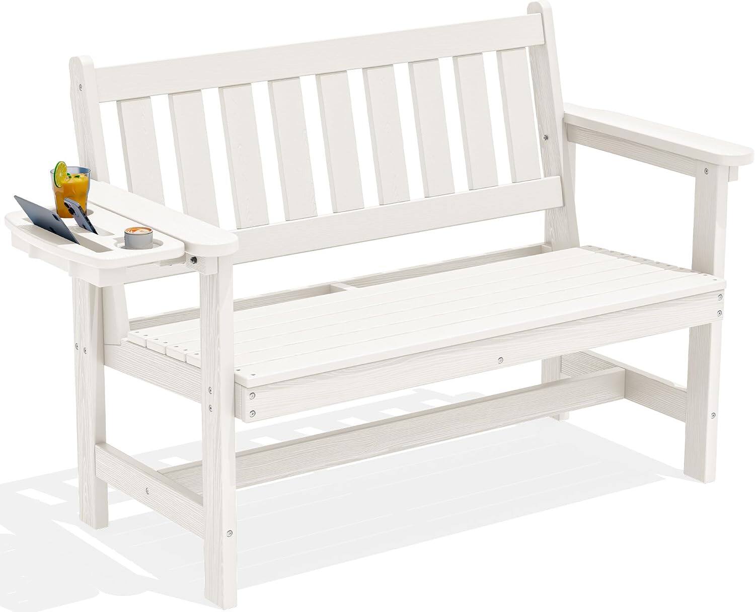 Front. SERWALL - SERWALL HDPE Outdoor Bench, 660 lbs Weight Capacity Weatherproof Porch Bench for Garden Park, White - White.
