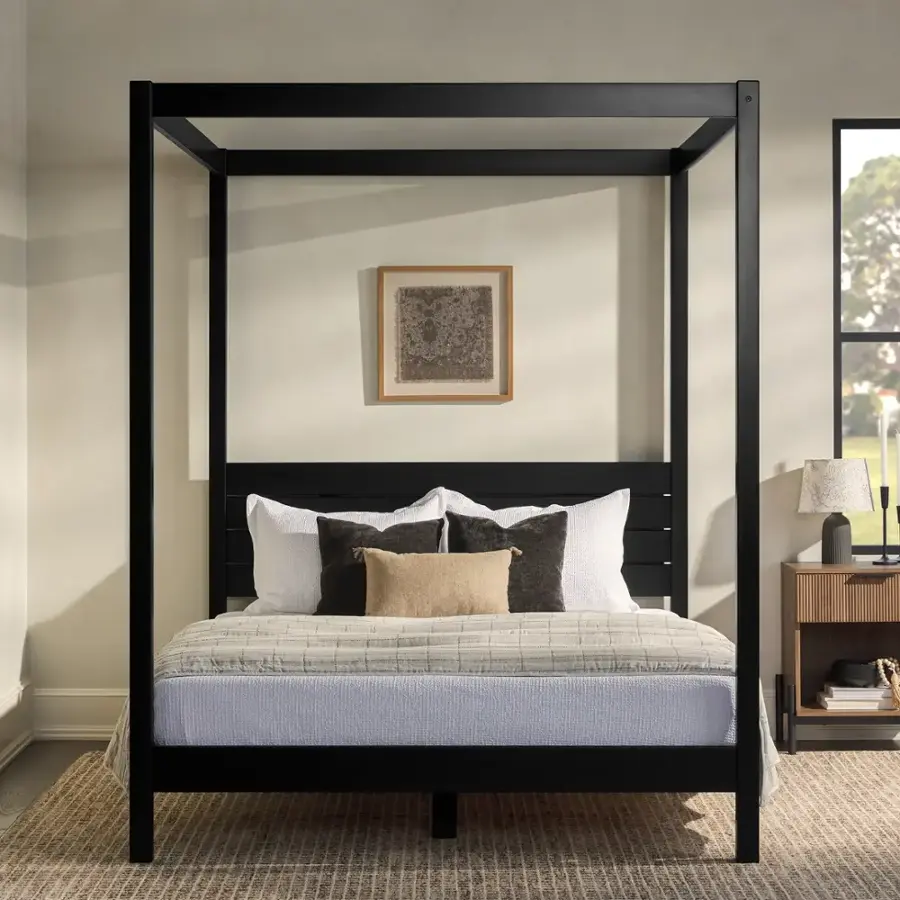 Walker Edison Minimalist Slatted Solid Wood Canopy Queen Bedframe Black ...