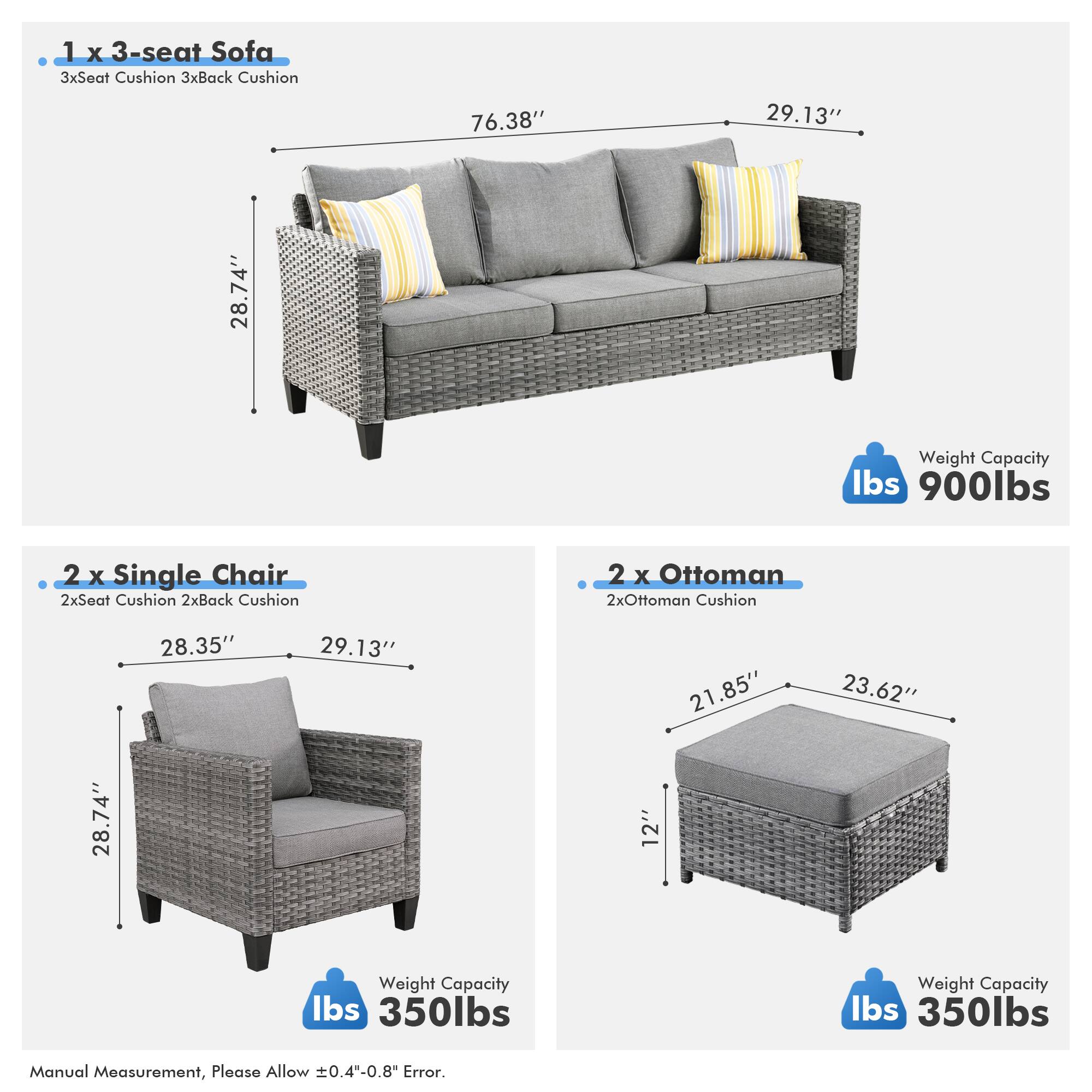 1 x 3-seat Sofa  
3xSeat Cushion 3xBack Cushion  
76.38" 29.13" 28.74"  
Weight Capacity lbs 900lbs  

2 x Single Chair  
2xSeat Cushion 2xBack Cushion  
28.35" 29.13" 28.74"  
Weight Capacity lbs 350lbs  

2 x Ottoman  
2xOttoman Cushion  
21.85" 23.62" 12"  
Weight Capacity lbs 350lbs  

Manual Measurement, Please Allow ±0.4"-0.8" Error.