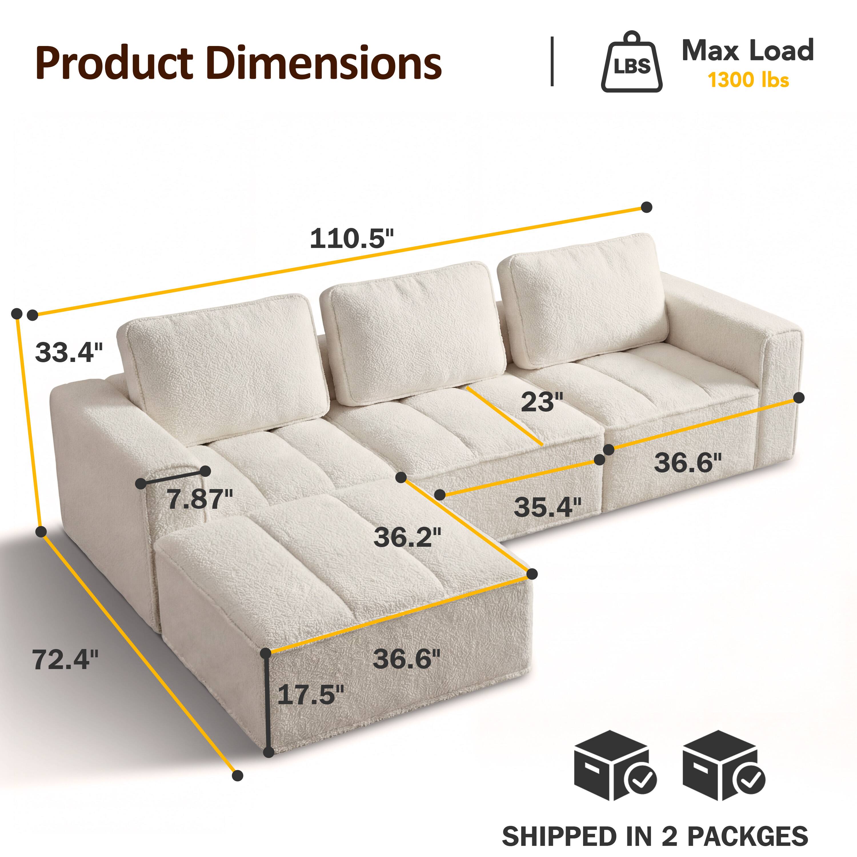 Product Dimensions  
LBS  
Max Load 1300 lbs  
110.5"  
33.4"  
23"  
7.87"  
36.2"  
35.4"  
36.6"  
72.4"  
36.6" 17.5"  
SHIPPED IN 2 PACKAGES