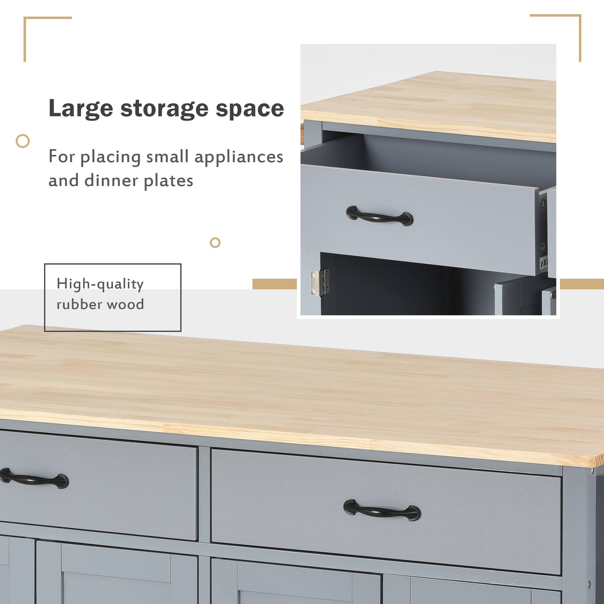 Large storage space  
For placing small appliances and dinner plates  

High-quality rubber wood