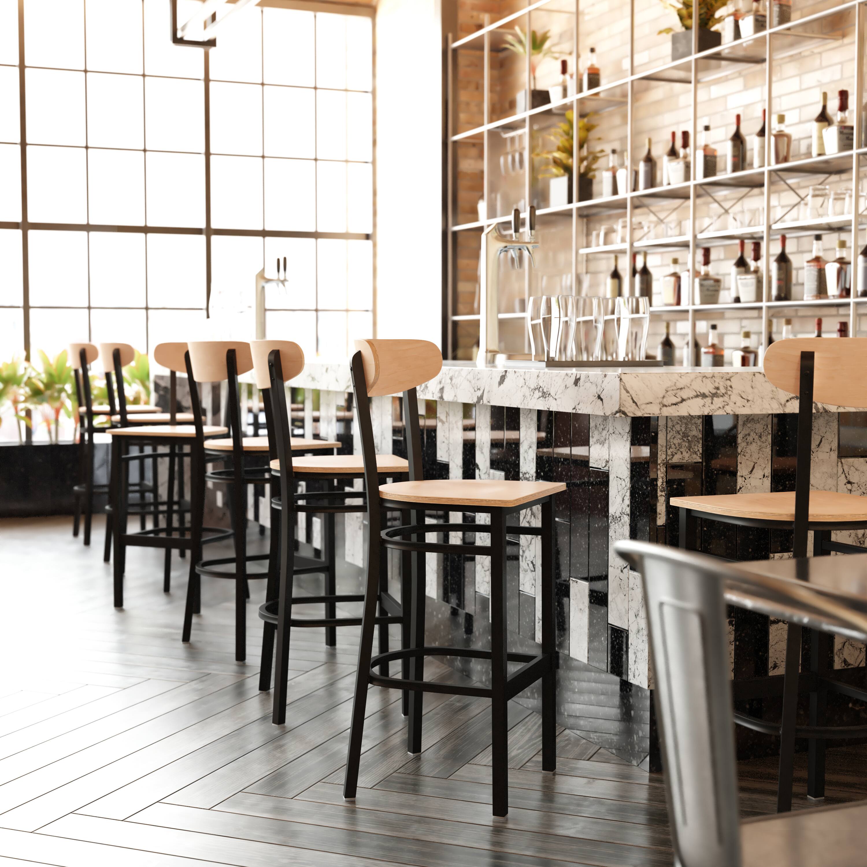 Alt View 5. Emma + Oliver - Yara Industrial Barstool with Rolled Steel Frame and Solid Wood Seat - 500 lbs. Static Weight Capacity - Natural Birch.