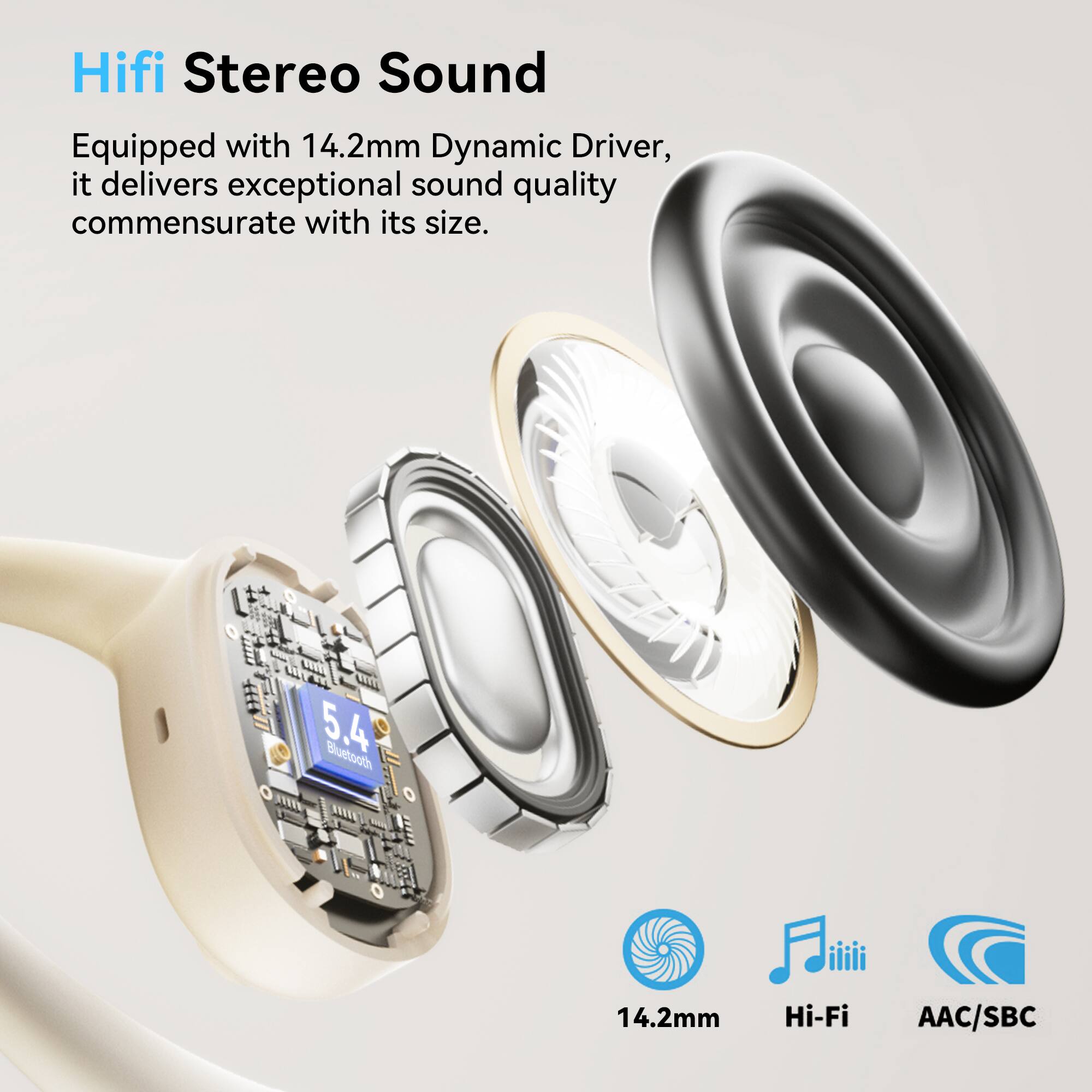 Hifi Stereo Sound  
Equipped with 14.2mm Dynamic Driver, it delivers exceptional sound quality commensurate with its size.  

5.4 Bluetooth  
14.2mm  
Hi-Fi  
AAC/SBC