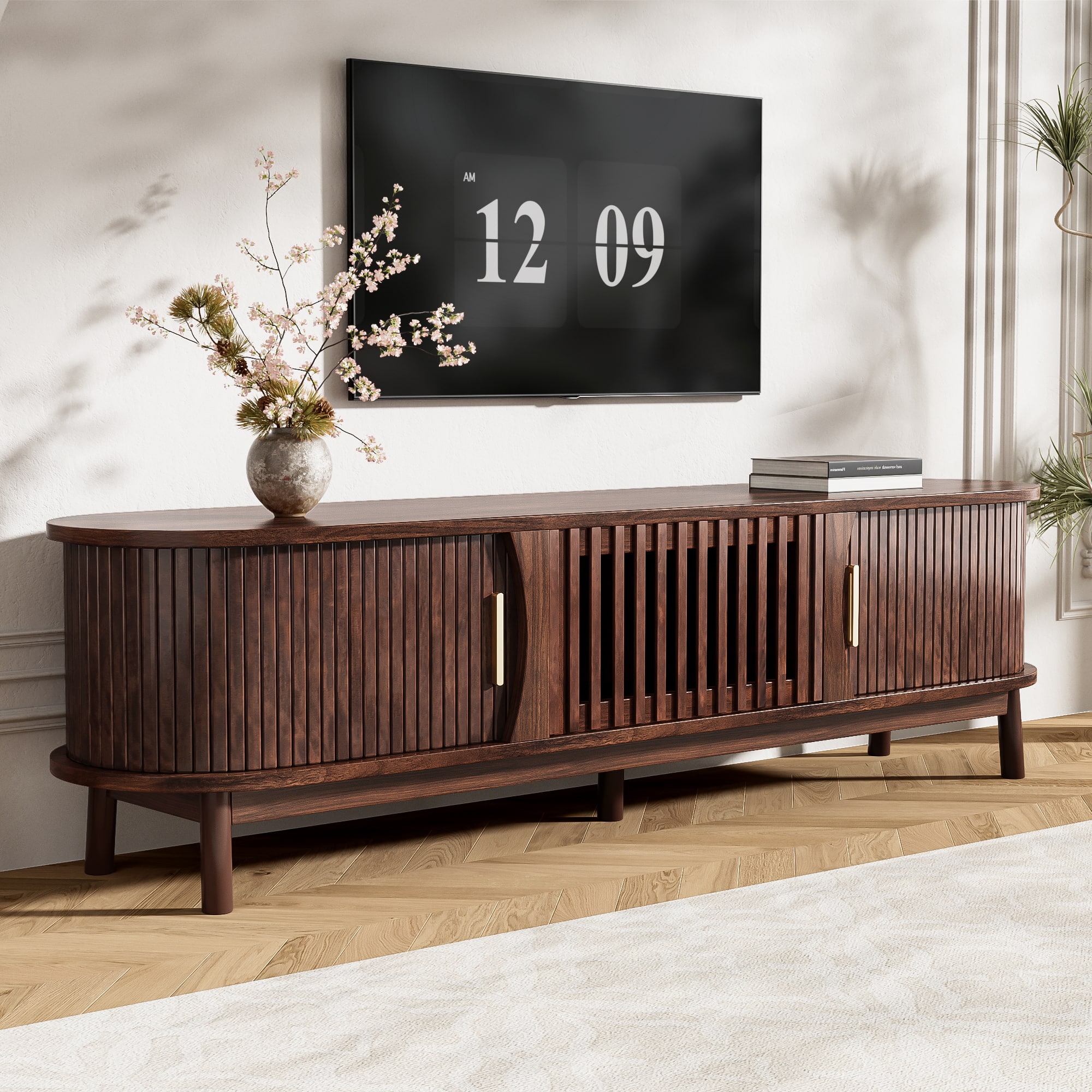 Z-Edge - TV Stand for 75" TVs, Wood Entertainment Center with Storage Cabinet, TV Console with Sliding Doors for Living Room - Walnut