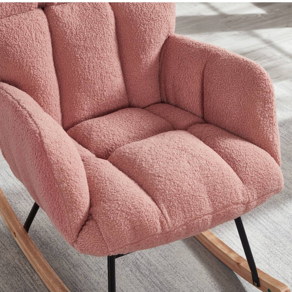Alt View 2. Loheer - Loheer Pink Teddy Fabric Rocking Chair Tufted Upholstered Glider Accent Chair with Metal Frame - Pink.