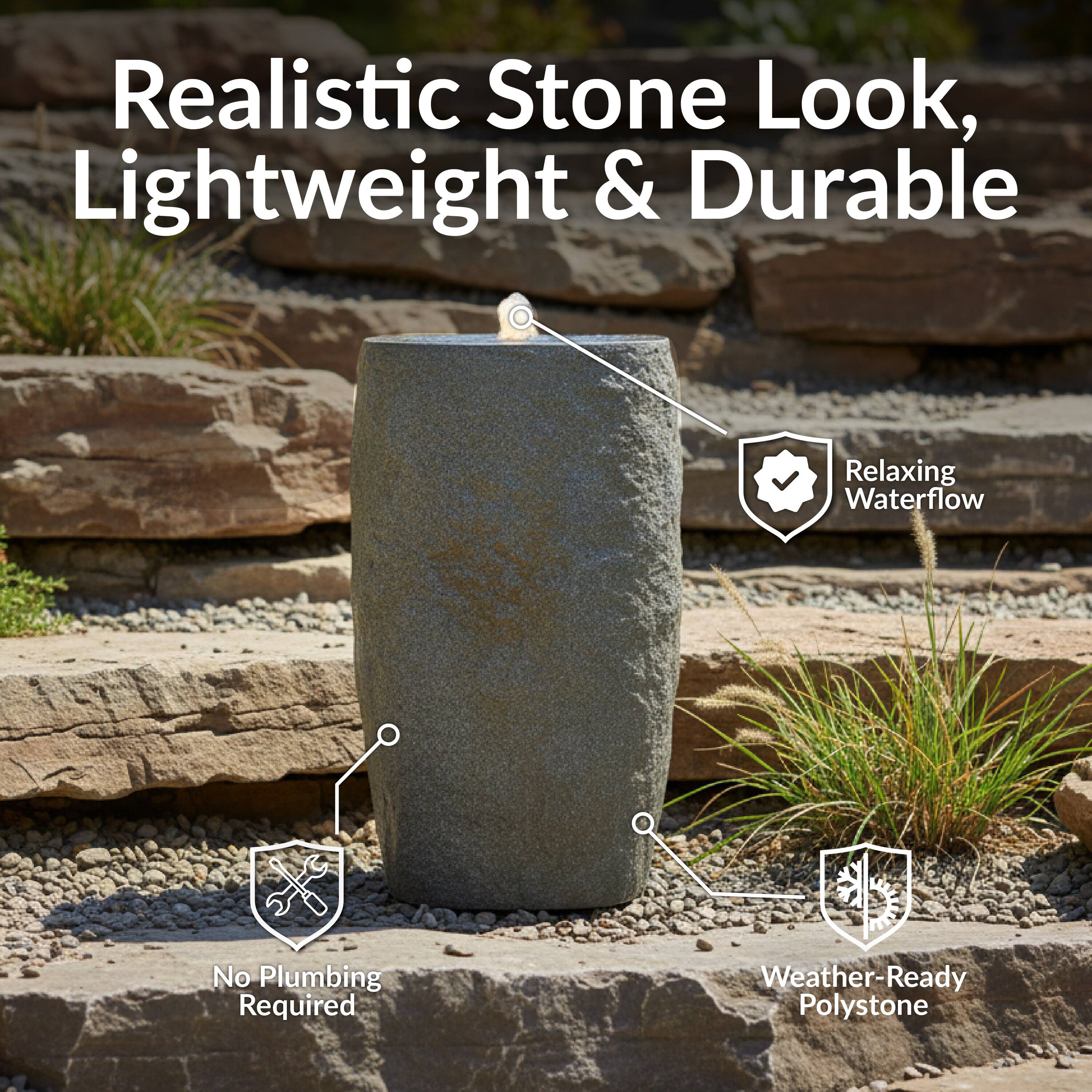 Realistic Stone Look, Lightweight & Durable

- Relaxing Waterflow
- No Plumbing Required
- Weather-Ready Polystone