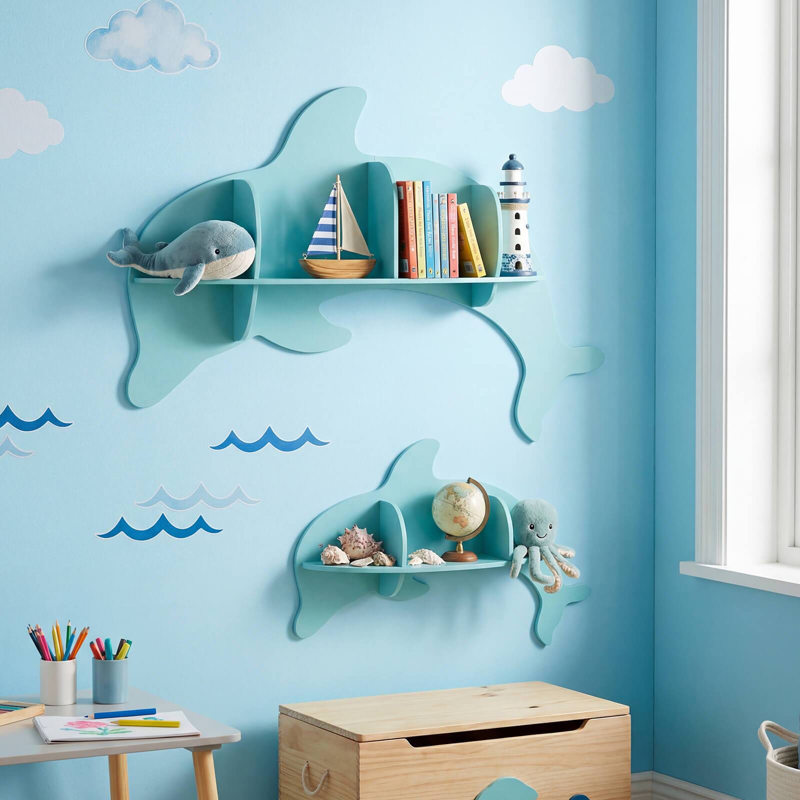 Alt View 1. Costway - Costway 2 PCS Floating Dolphin Shelves with Compartments Cute Corner Bookshelves for Nursery - Blue.